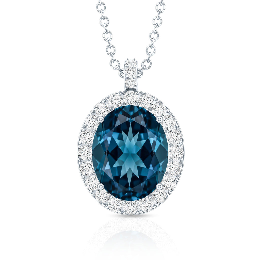 Genuine 2.5 Carat Oval Cut London Blue Topaz and Diamond Necklace
