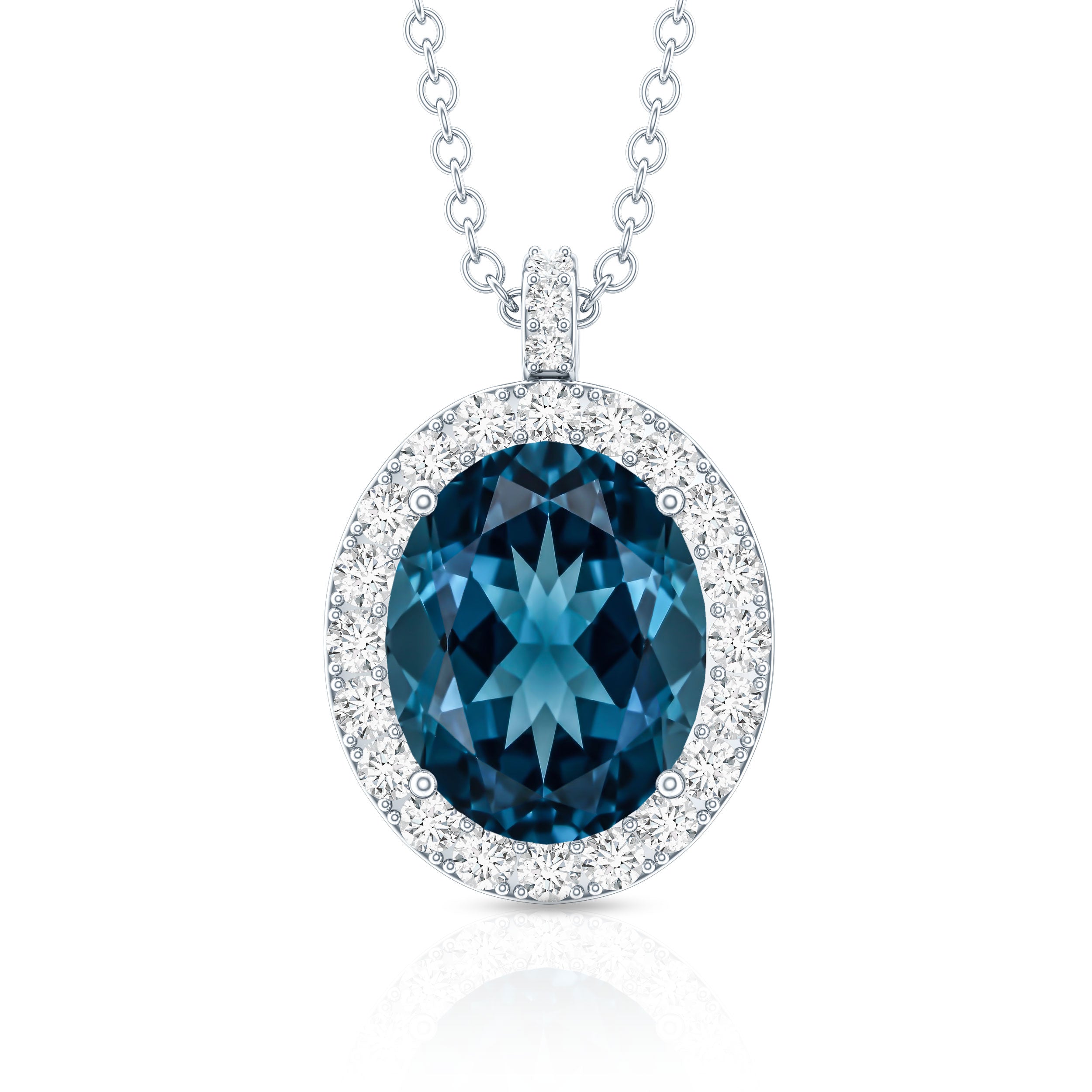 Genuine 2.5 Carat Oval Cut London Blue Topaz and Diamond Necklace