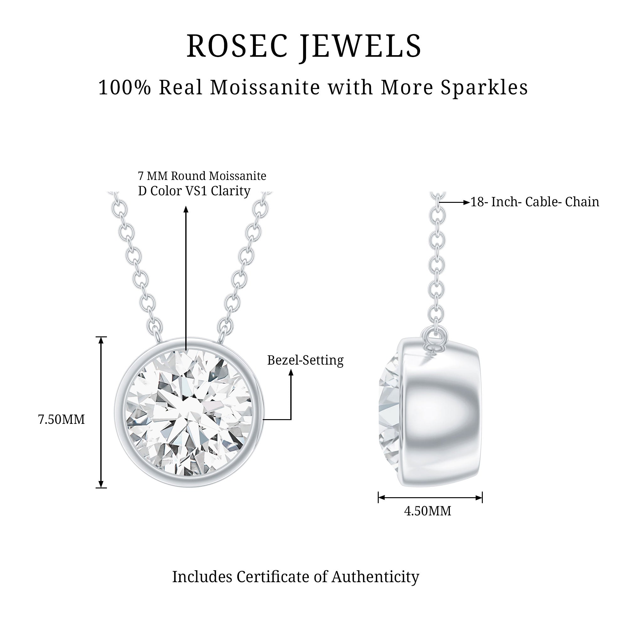1 Carat Moissanite Solitaire Necklace in Bezel Setting