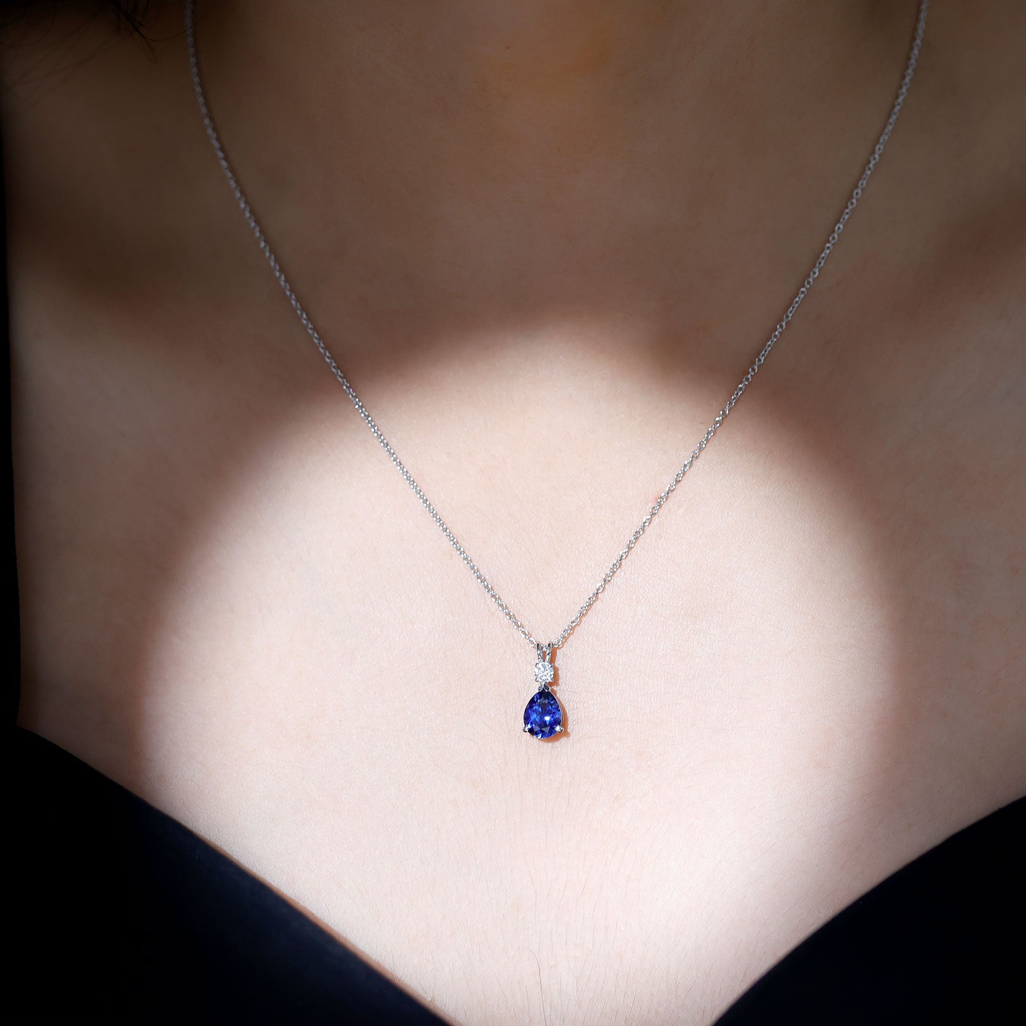 Lab Created Blue Sapphire Teardrop Necklace with Moissanite