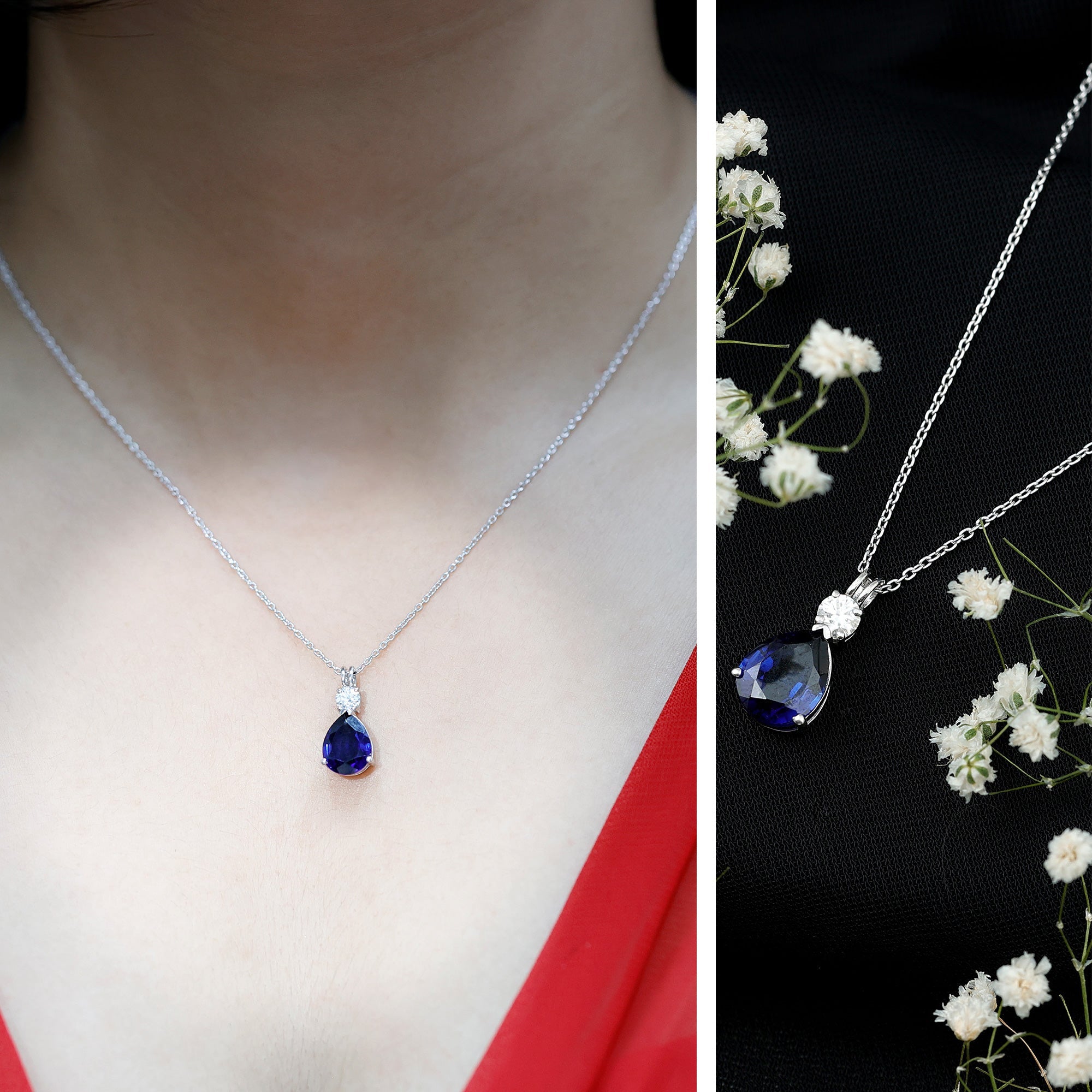 Lab Created Blue Sapphire Teardrop Pendant Necklace with Diamond