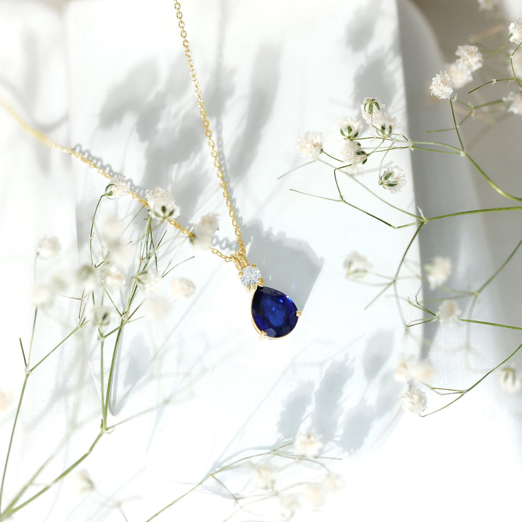 Lab Created Blue Sapphire Teardrop Pendant Necklace with Diamond