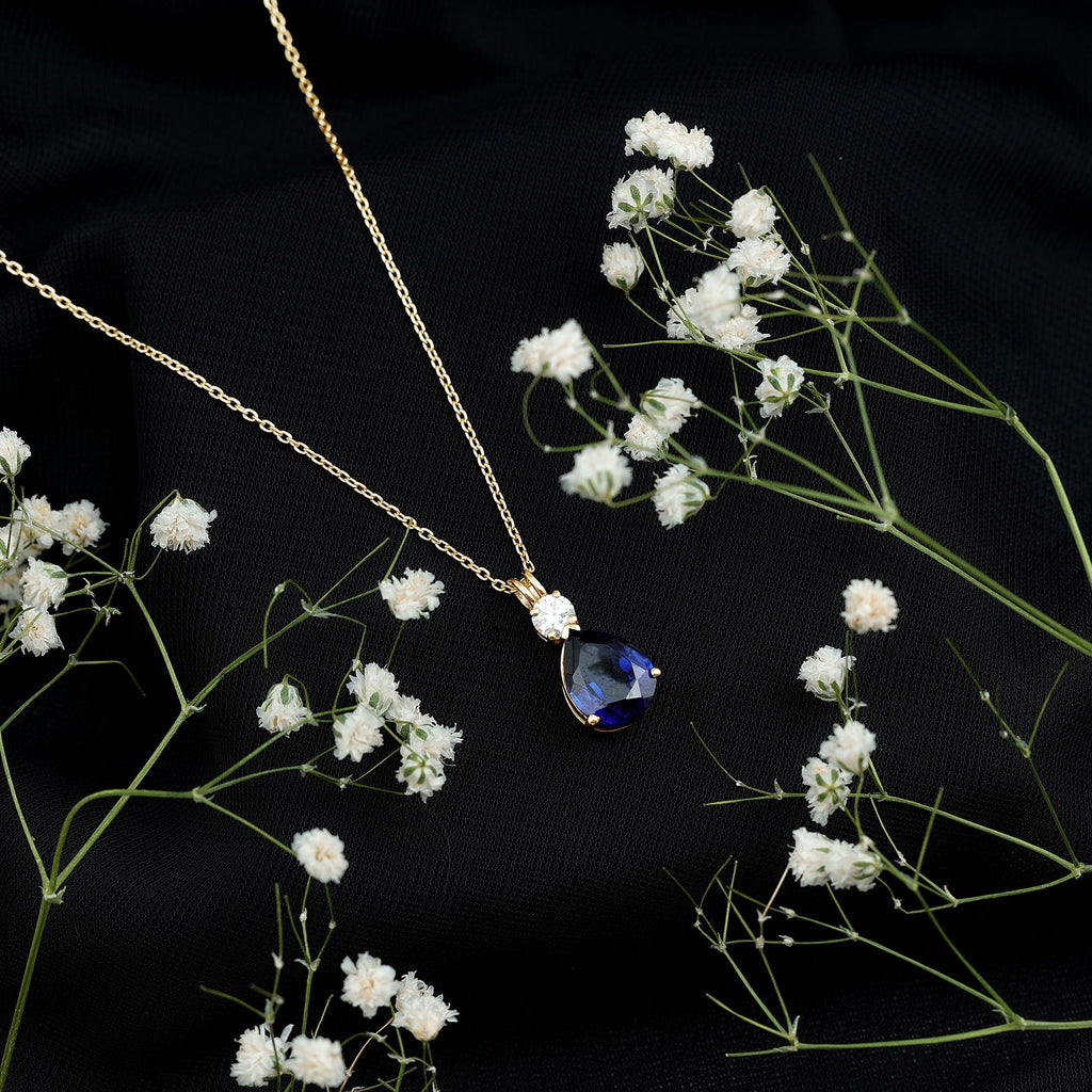 Lab Created Blue Sapphire Teardrop Pendant Necklace with Diamond