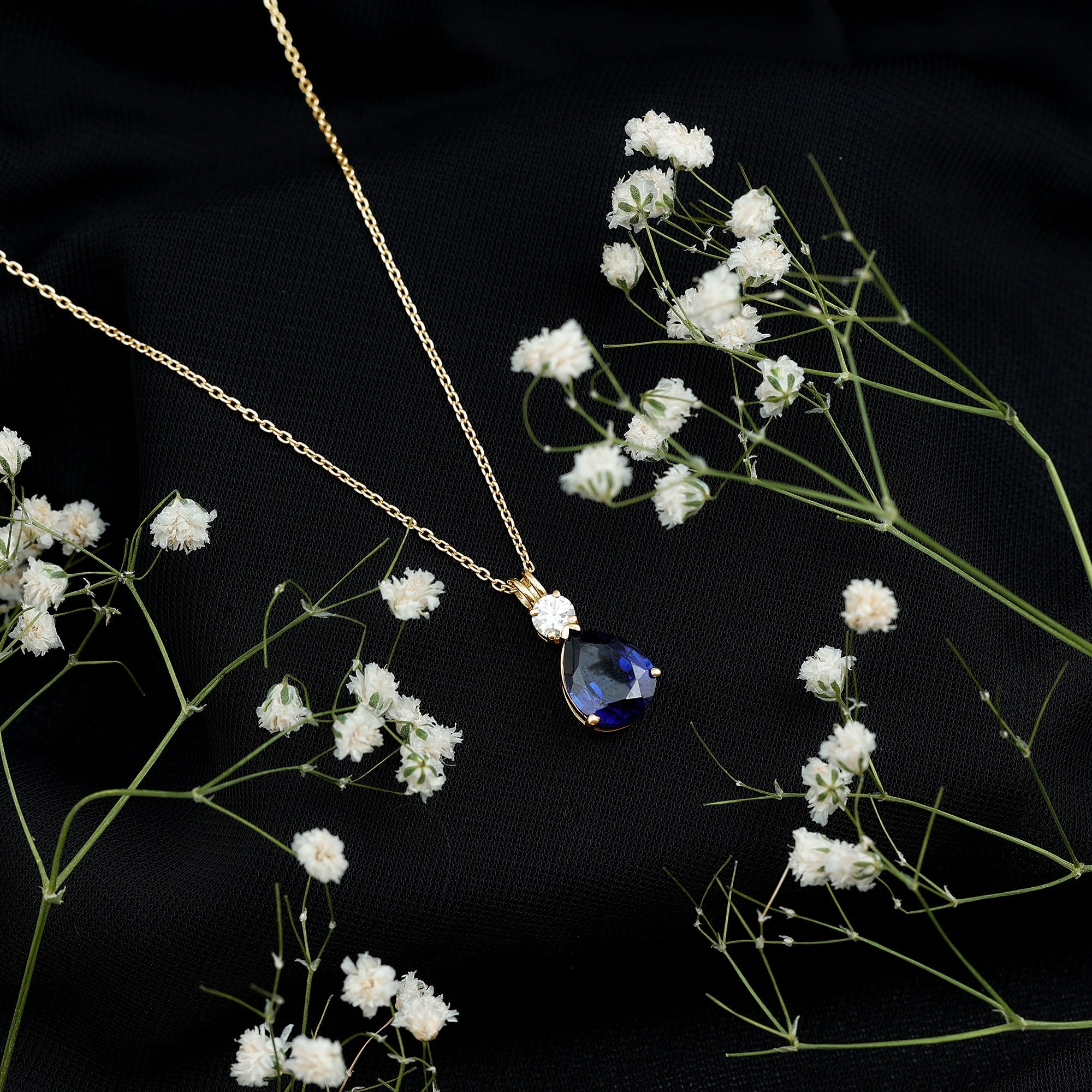 Lab Created Blue Sapphire Teardrop Pendant Necklace with Diamond