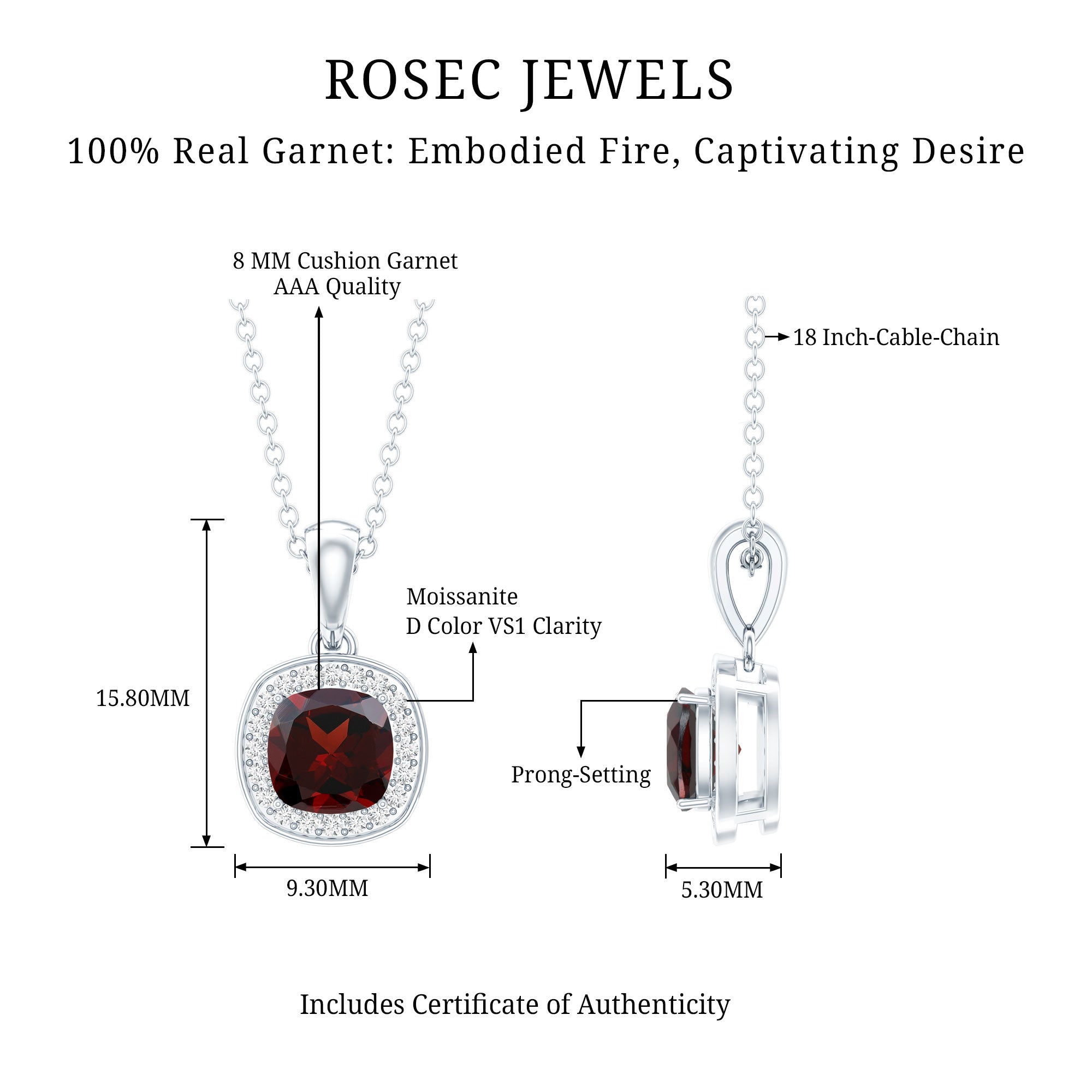 Cushion Cut Garnet and Moissanite Halo Pendant Necklace With Chain