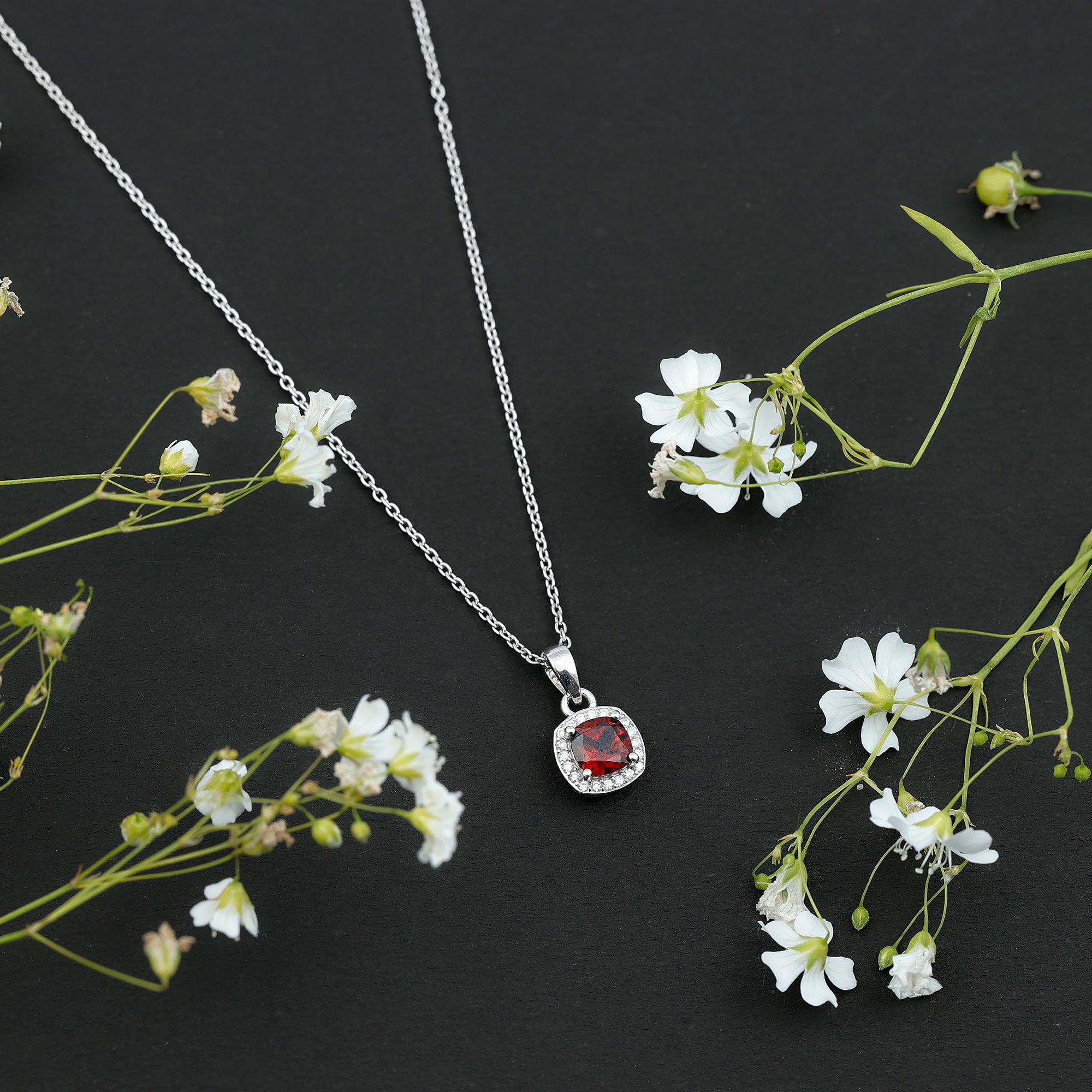 Cushion Cut Garnet and Moissanite Halo Pendant Necklace With Chain