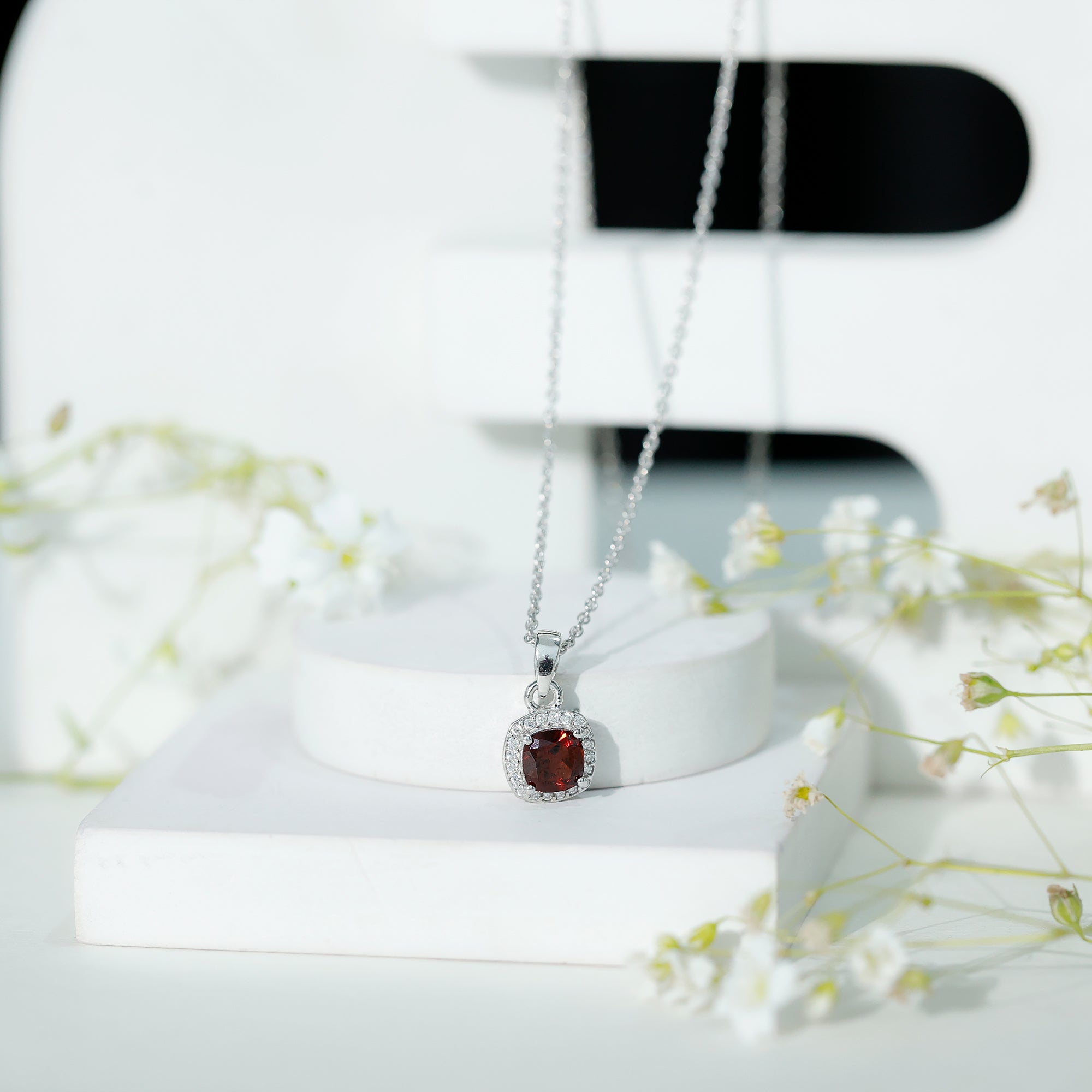 Cushion Cut Garnet and Moissanite Halo Pendant Necklace With Chain