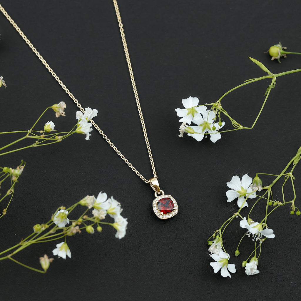 Cushion Cut Garnet and Moissanite Halo Pendant Necklace With Chain