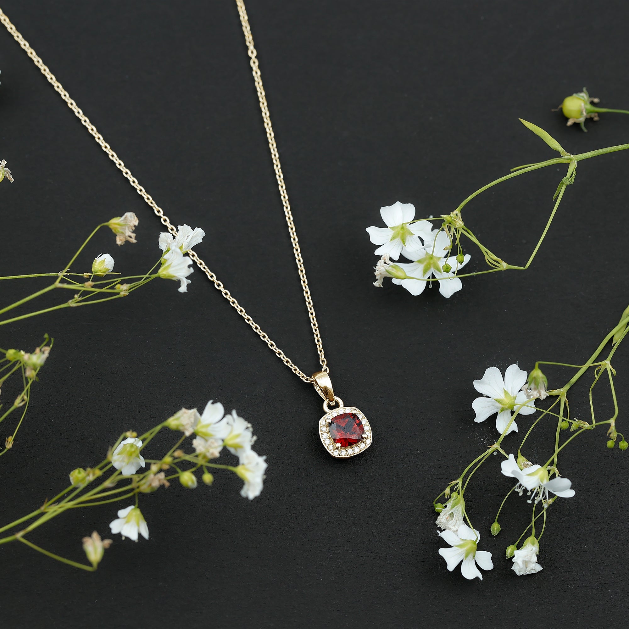 Cushion Cut Garnet and Moissanite Halo Pendant Necklace With Chain