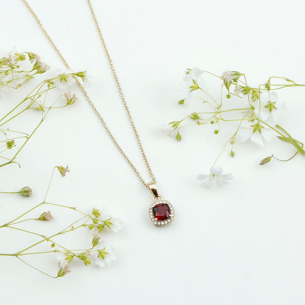 Cushion Cut Garnet and Moissanite Halo Pendant Necklace With Chain
