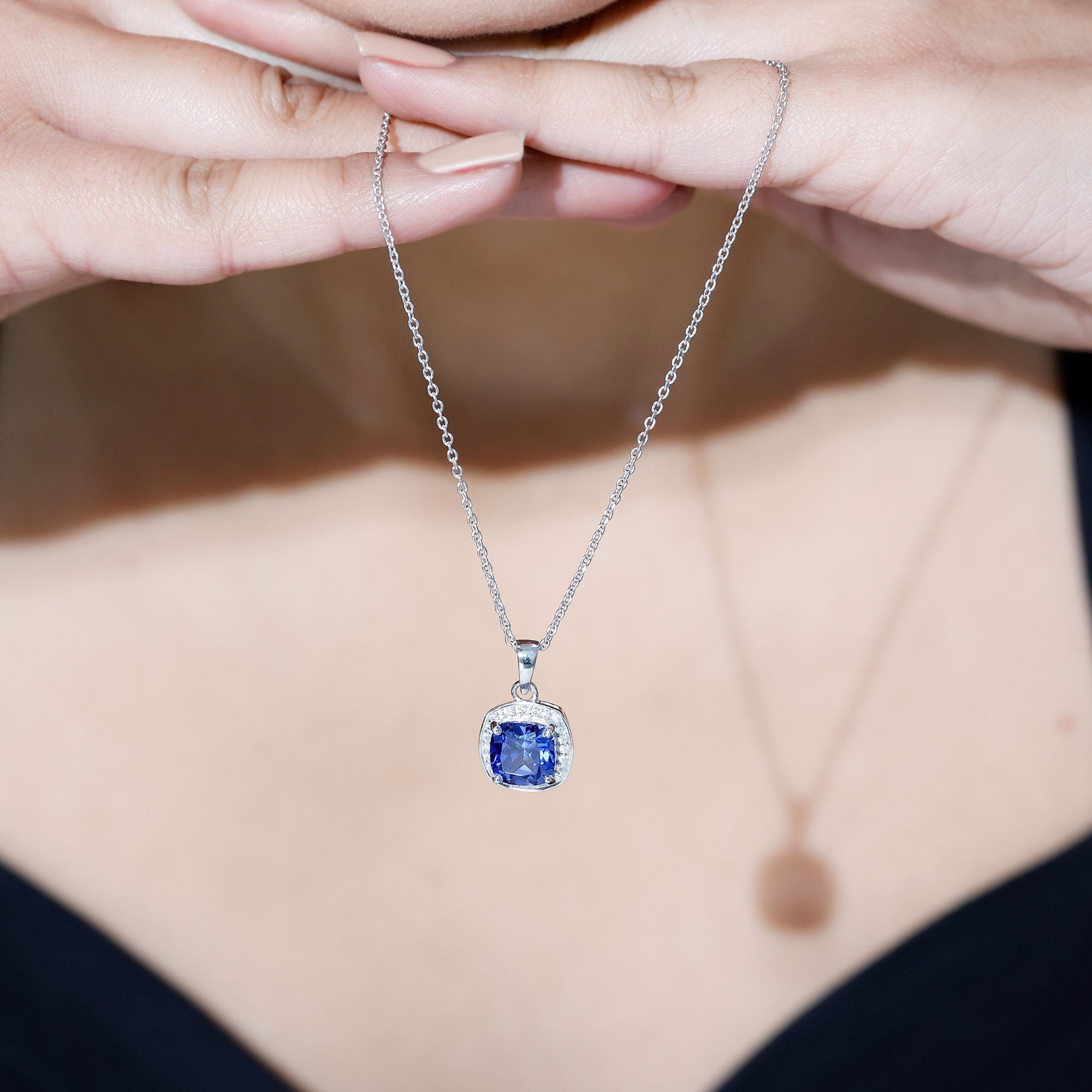 2.7 Carat Cushion Cut Lab Created Blue Sapphire and Diamond Halo Pendant