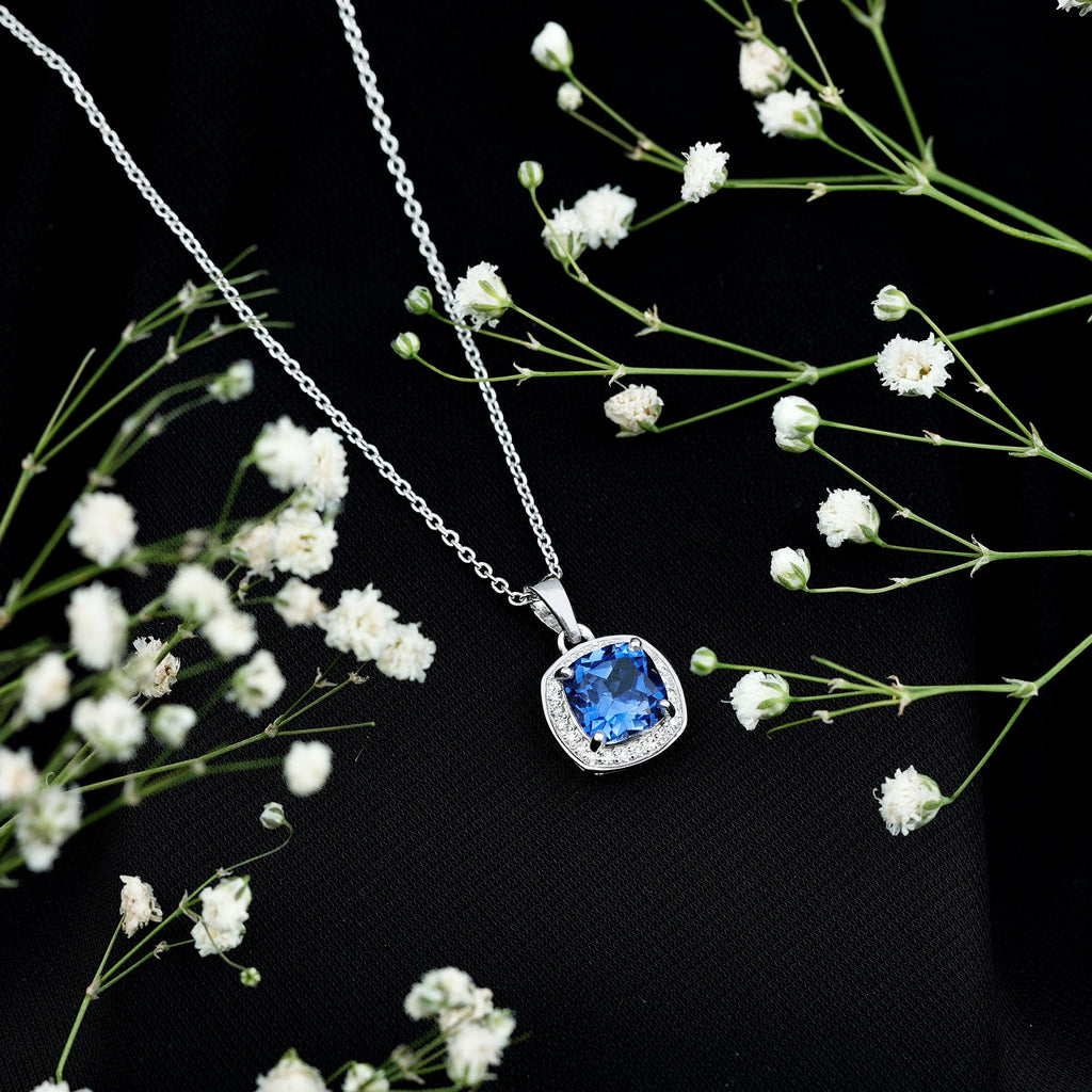 2.7 Carat Cushion Cut Lab Created Blue Sapphire and Diamond Halo Pendant