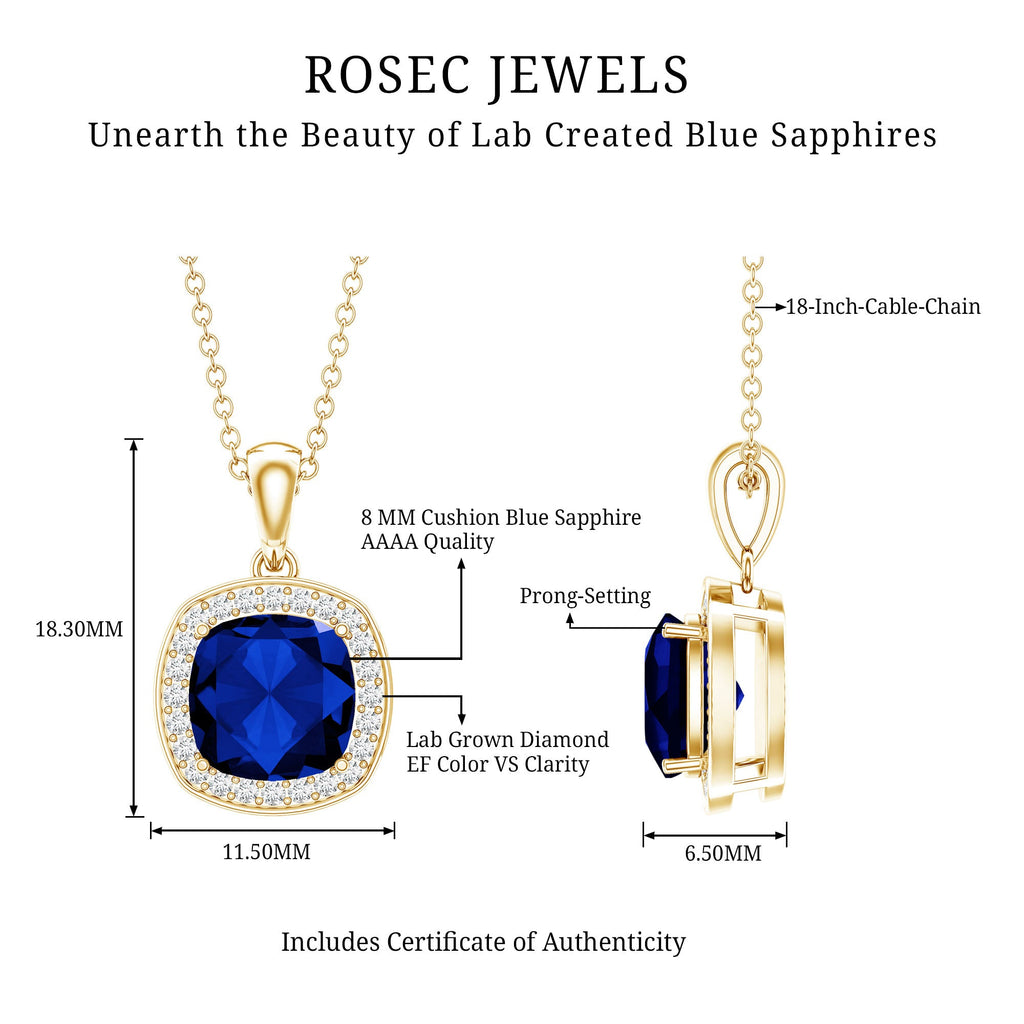 2.7 Carat Cushion Cut Lab Created Blue Sapphire and Diamond Halo Pendant