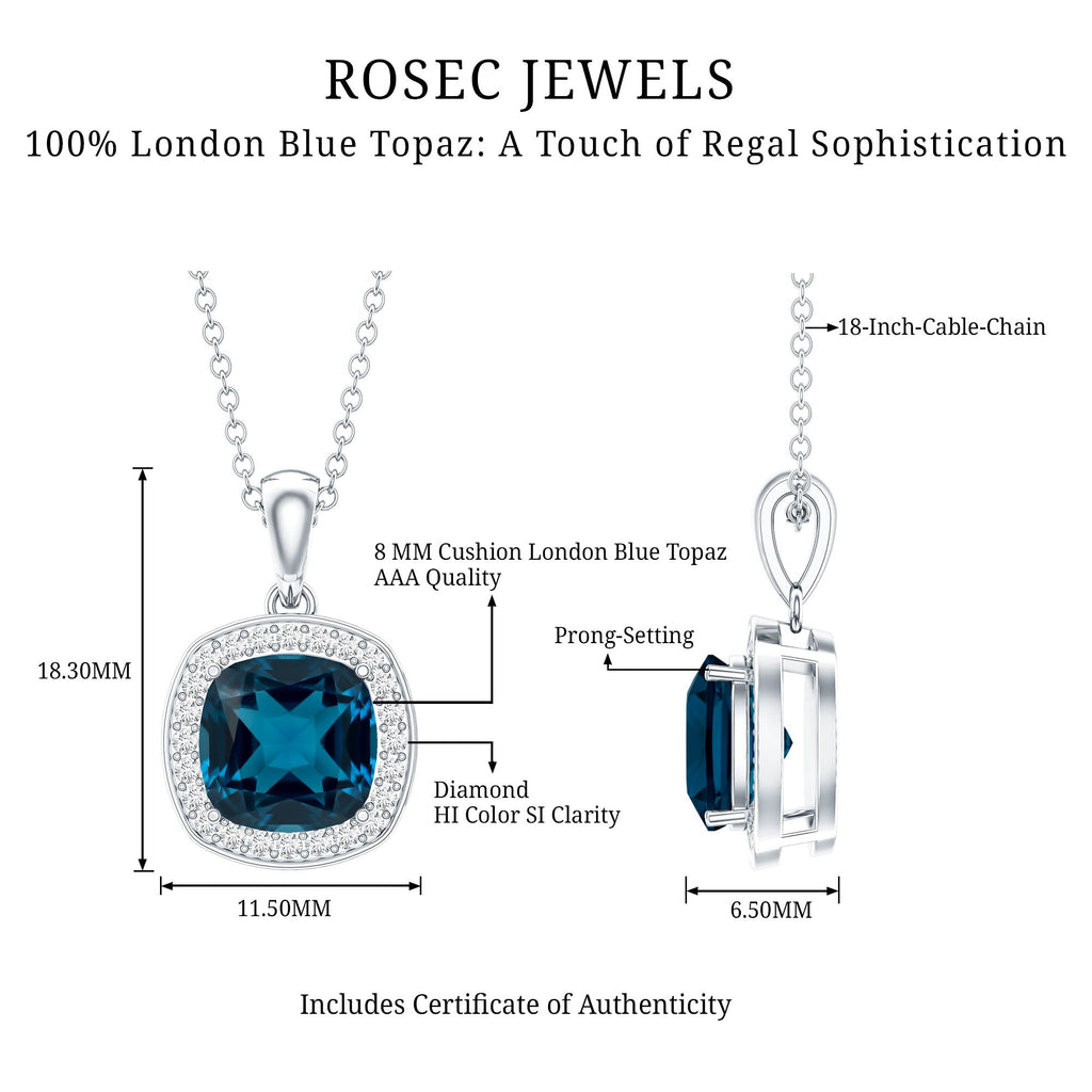 Cushion Cut 2.8 Carat London Blue Topaz Pendant with Diamond Halo