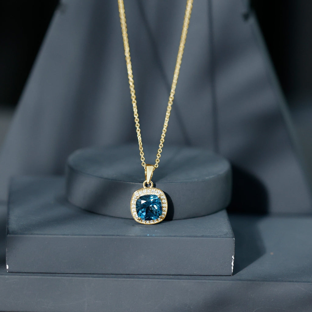 Cushion Cut 2.8 Carat London Blue Topaz Pendant with Diamond Halo