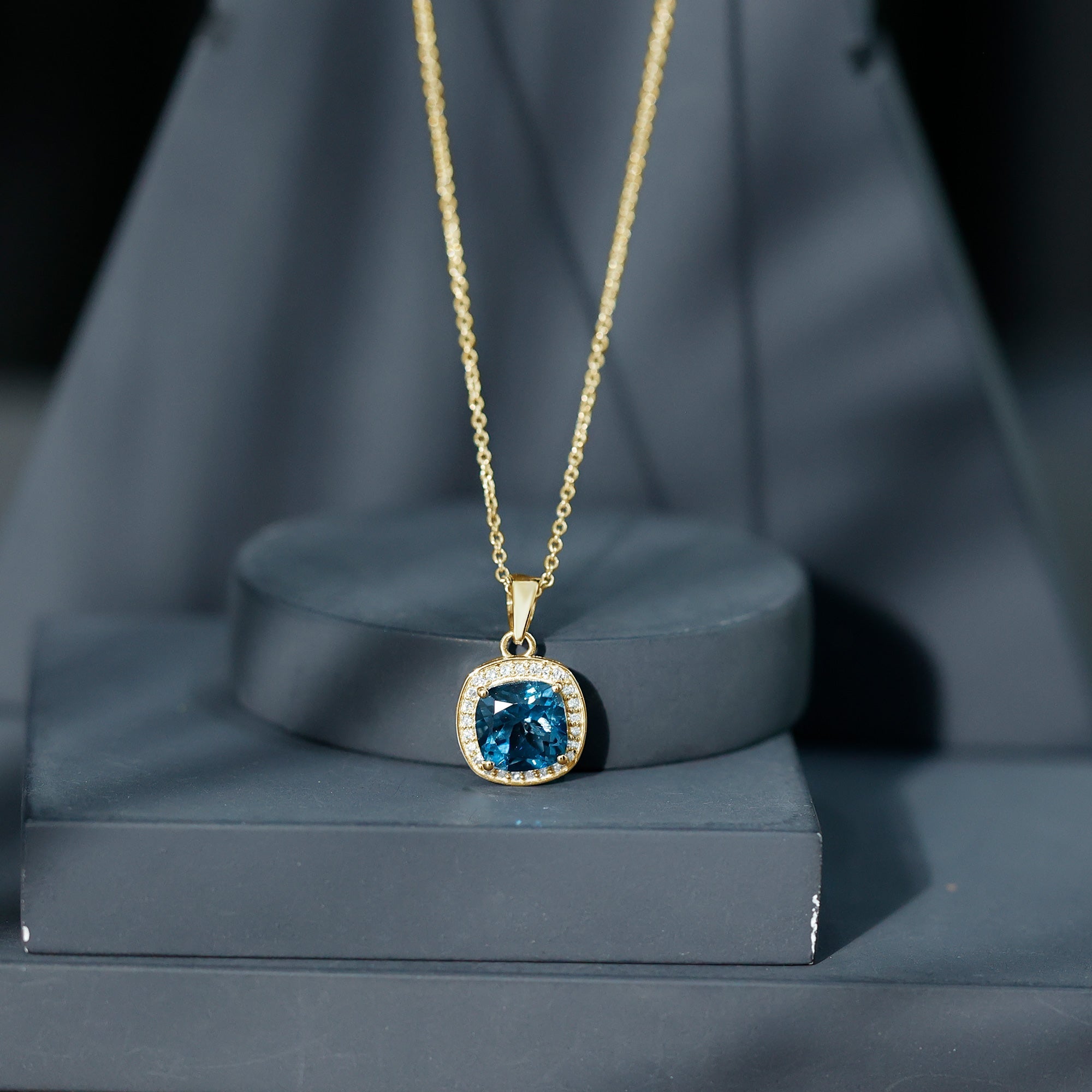 Cushion Cut 2.8 Carat London Blue Topaz Pendant with Diamond Halo