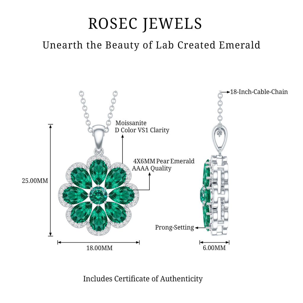 Womens Lab Grown Emerald Flower Necklace with Chain