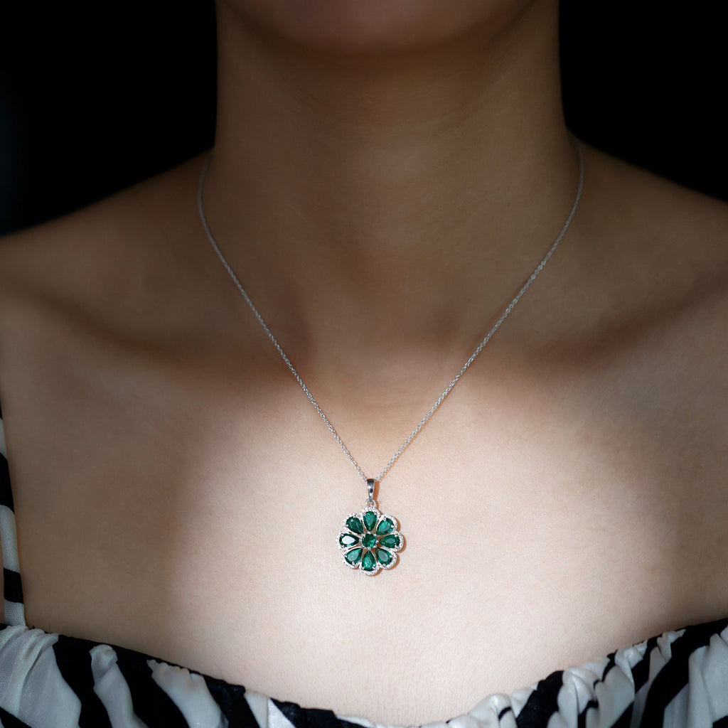 Womens Lab Grown Emerald Flower Necklace with Chain