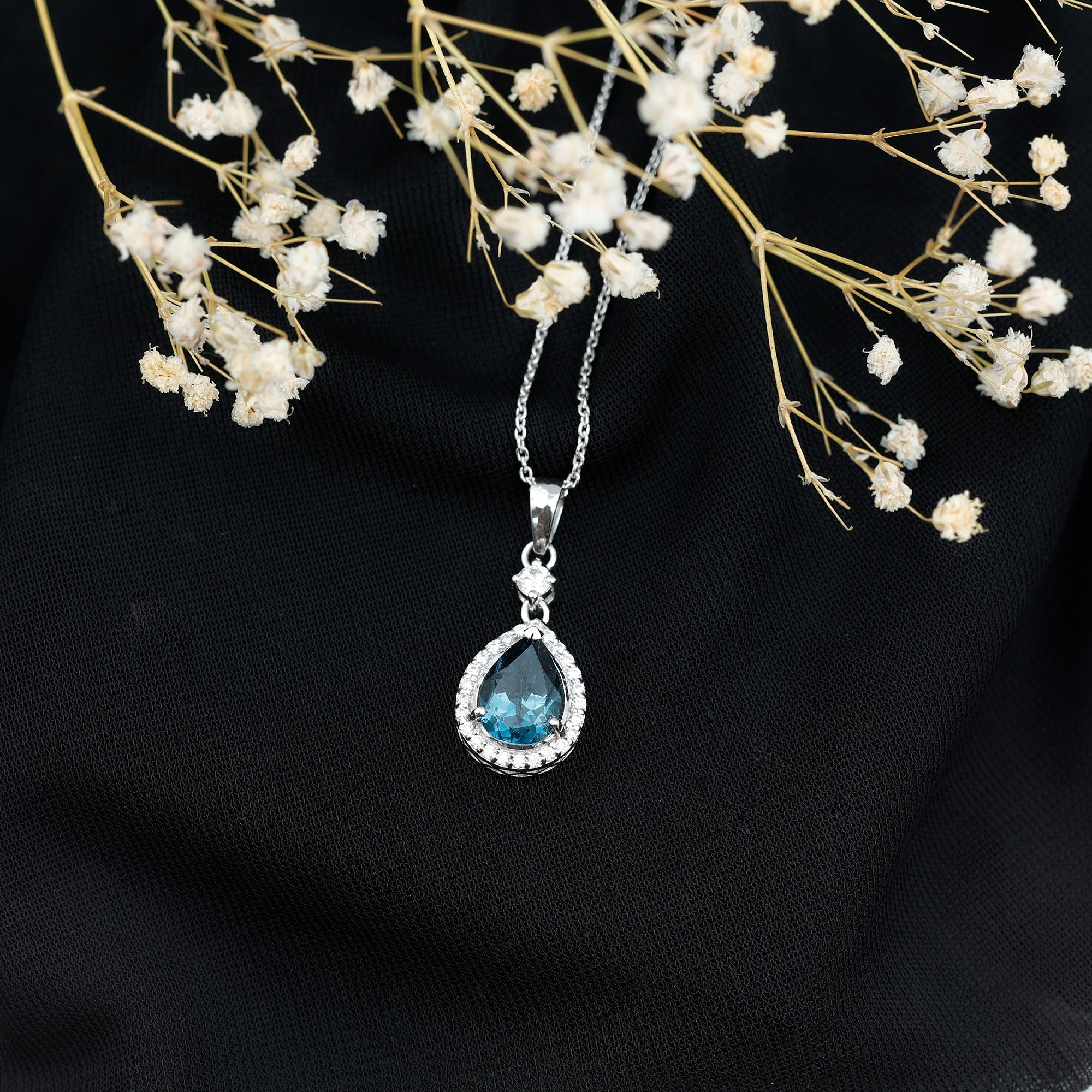 Certified London Blue Topaz Teardrop Necklace with Moissanite Halo