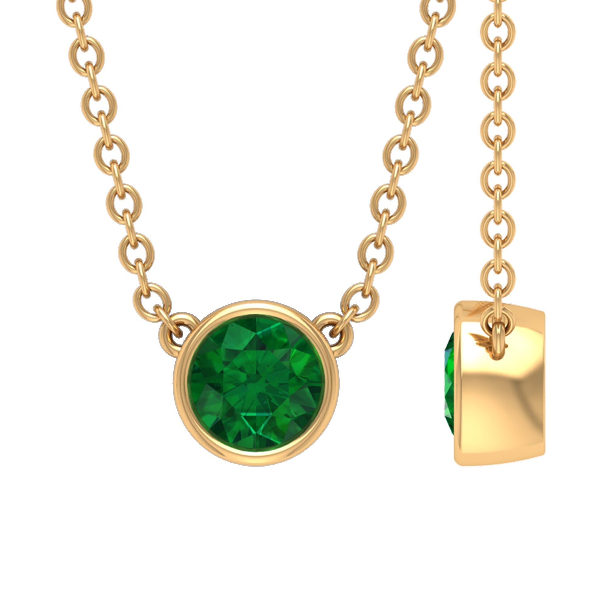0.4 Carat Round Cut Emerald Solitaire Necklace in Bezel Setting