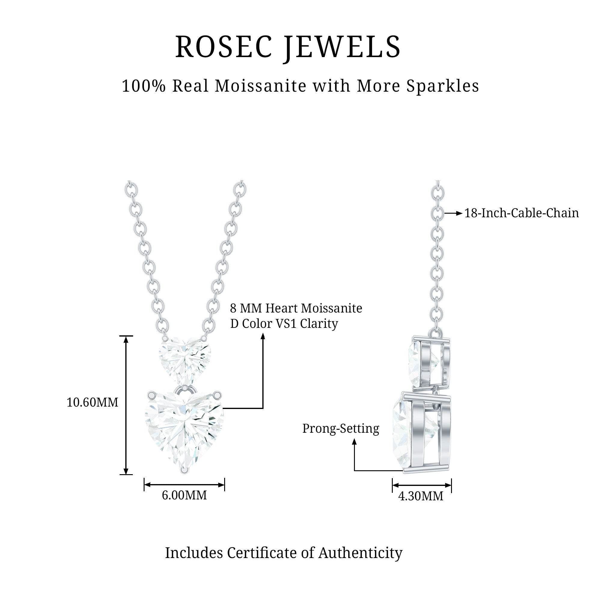 Certified Moissanite Double Heart Necklace in Prong Setting