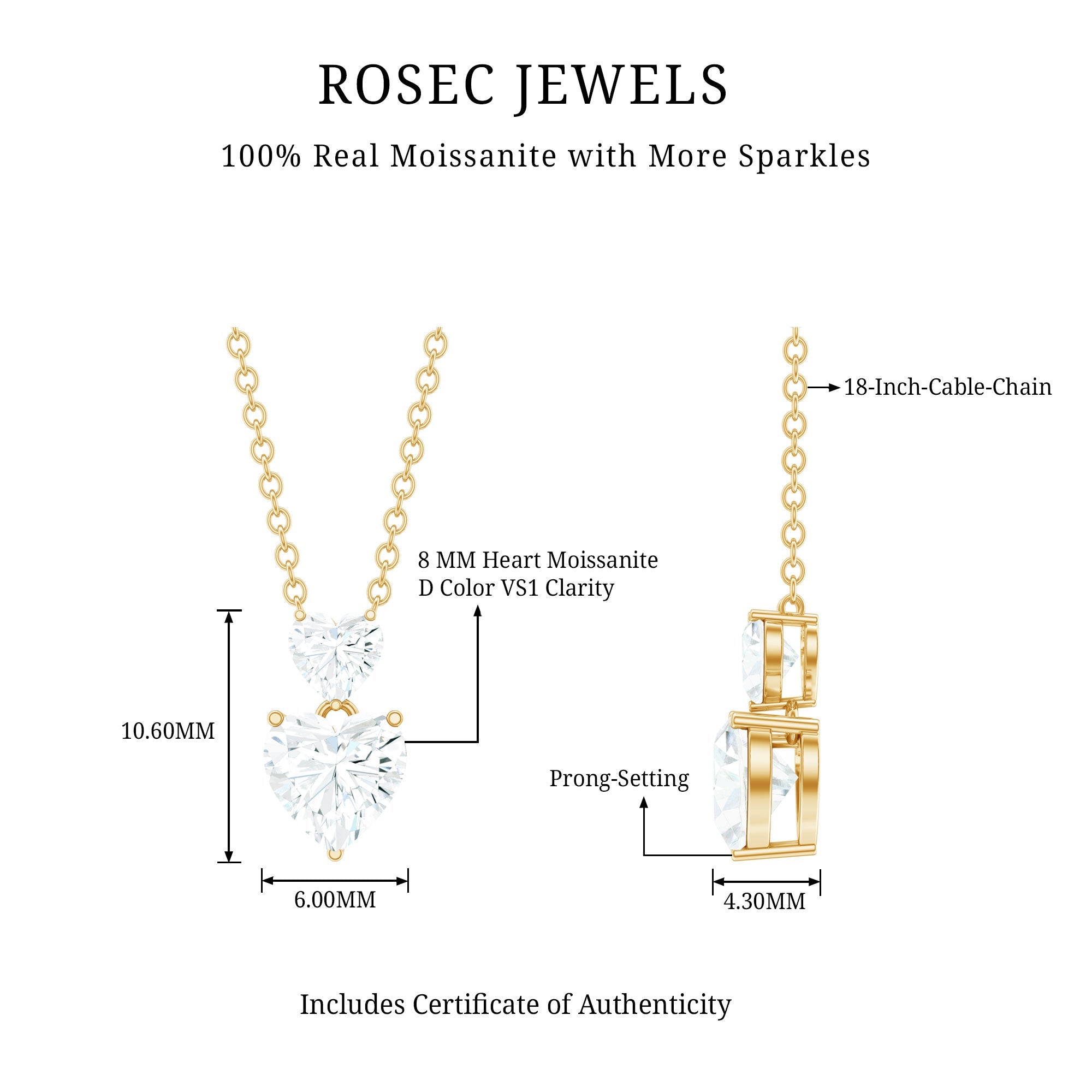 Certified Moissanite Double Heart Necklace in Prong Setting