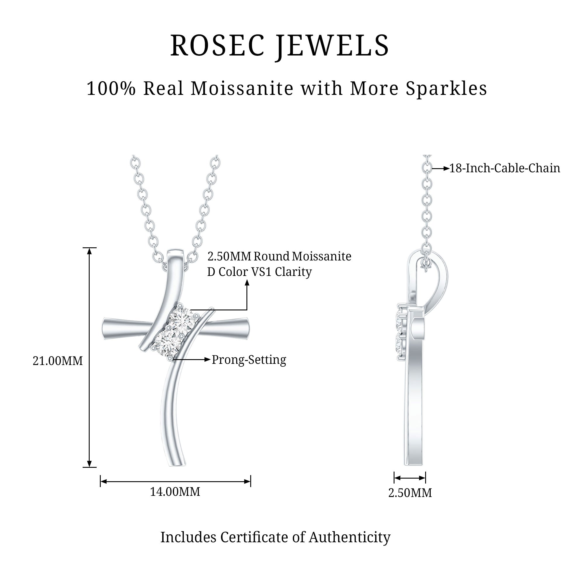 Certified Moissanite Cross Pendant Necklace With Chain