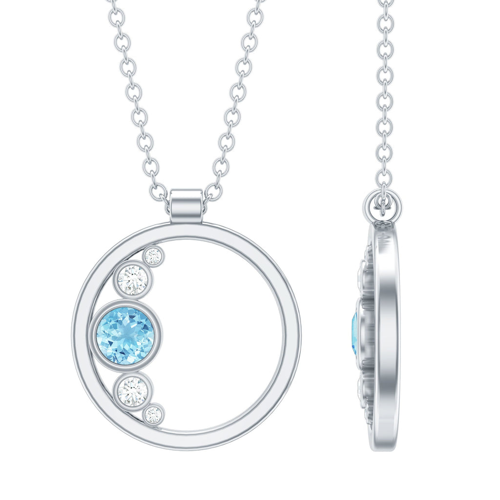 Natural Aquamarine Open Circle Pendant Necklace with Diamond