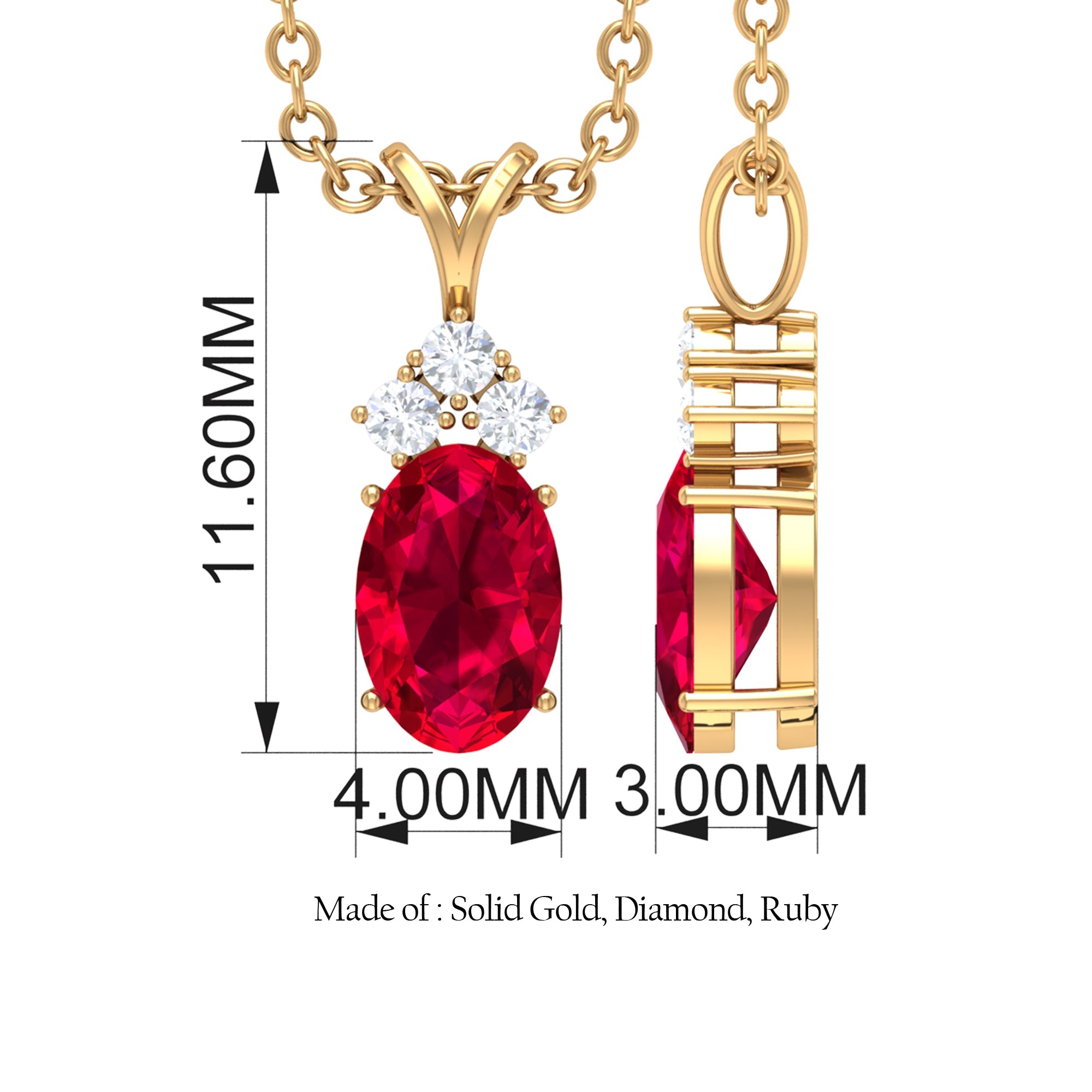 Natural 0.6 Carat Oval Ruby Pendant with Diamond Trio