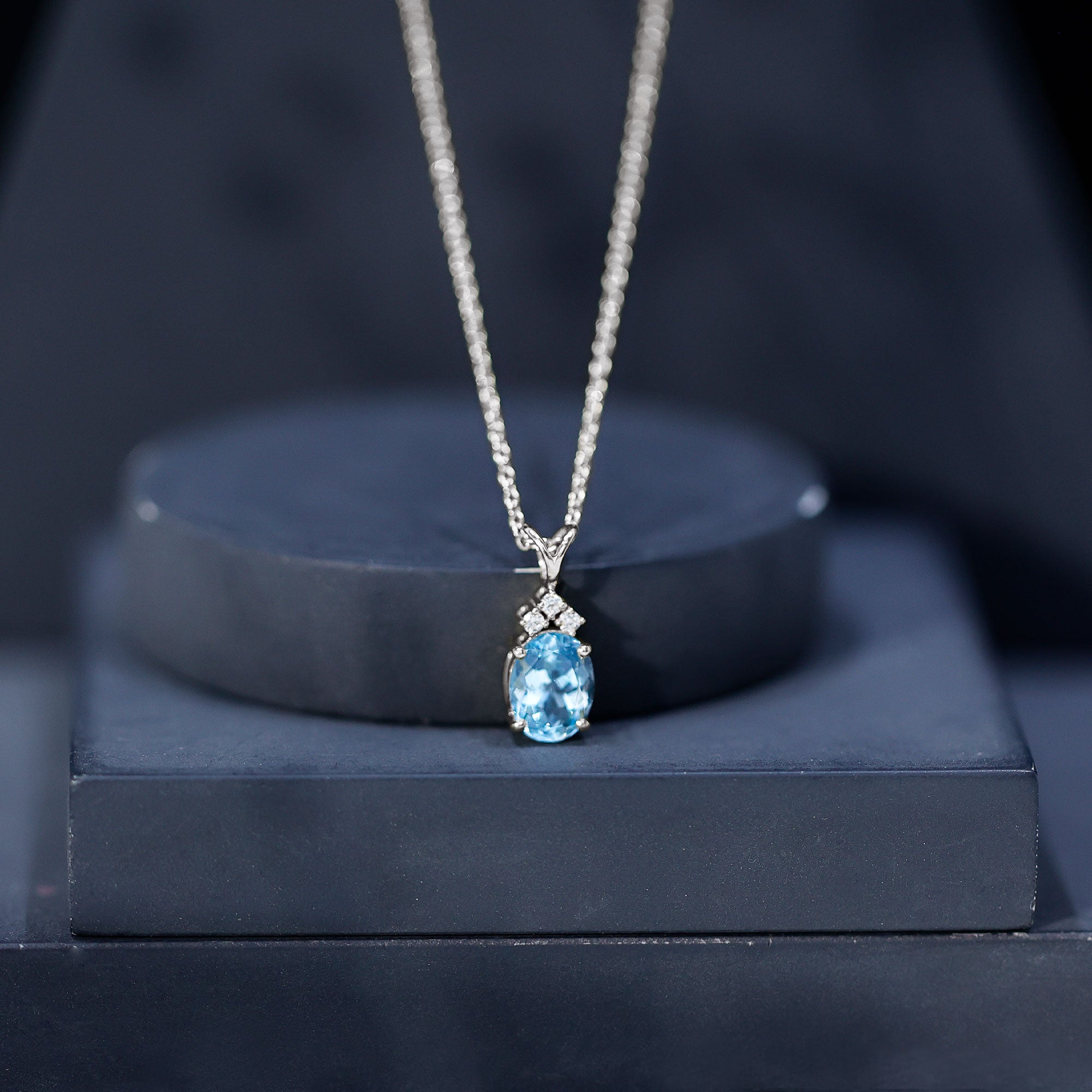 Real 1 Carat Oval Cut Aquamarine Pendant Necklace with Diamond Trio