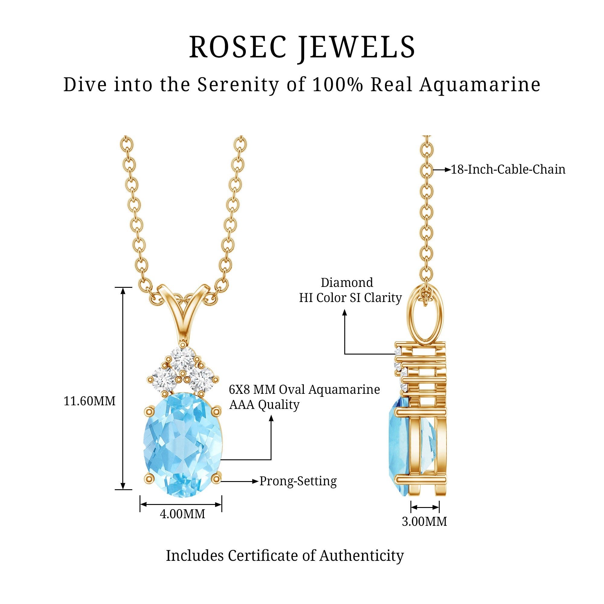Real 1 Carat Oval Cut Aquamarine Pendant Necklace with Diamond Trio