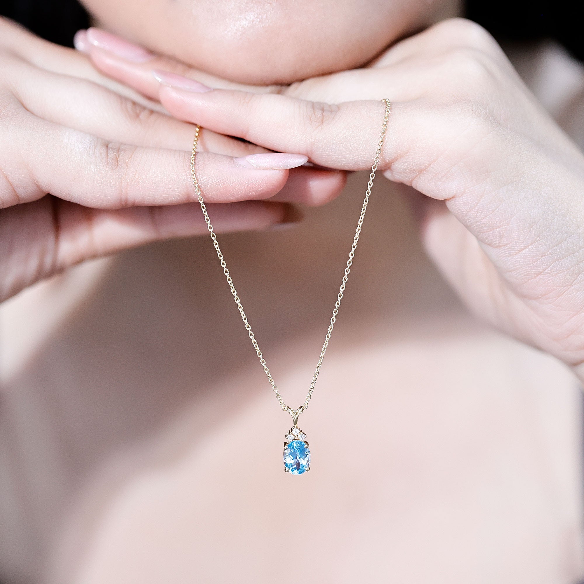 Real 1 Carat Oval Cut Aquamarine Pendant Necklace with Diamond Trio