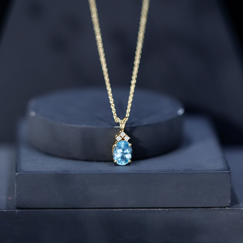 Real 1 Carat Oval Cut Aquamarine Pendant Necklace with Diamond Trio