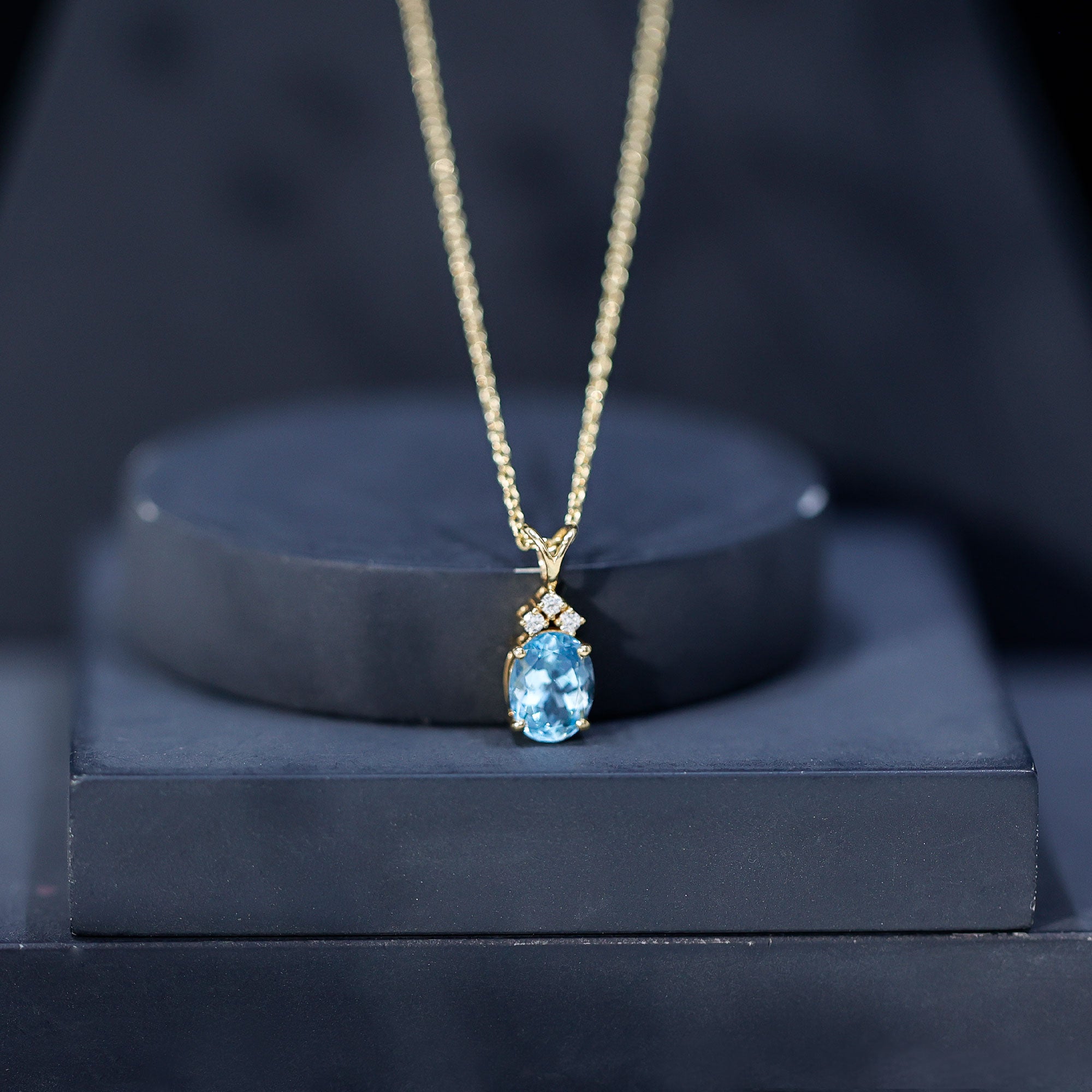 Real 1 Carat Oval Cut Aquamarine Pendant Necklace with Diamond Trio