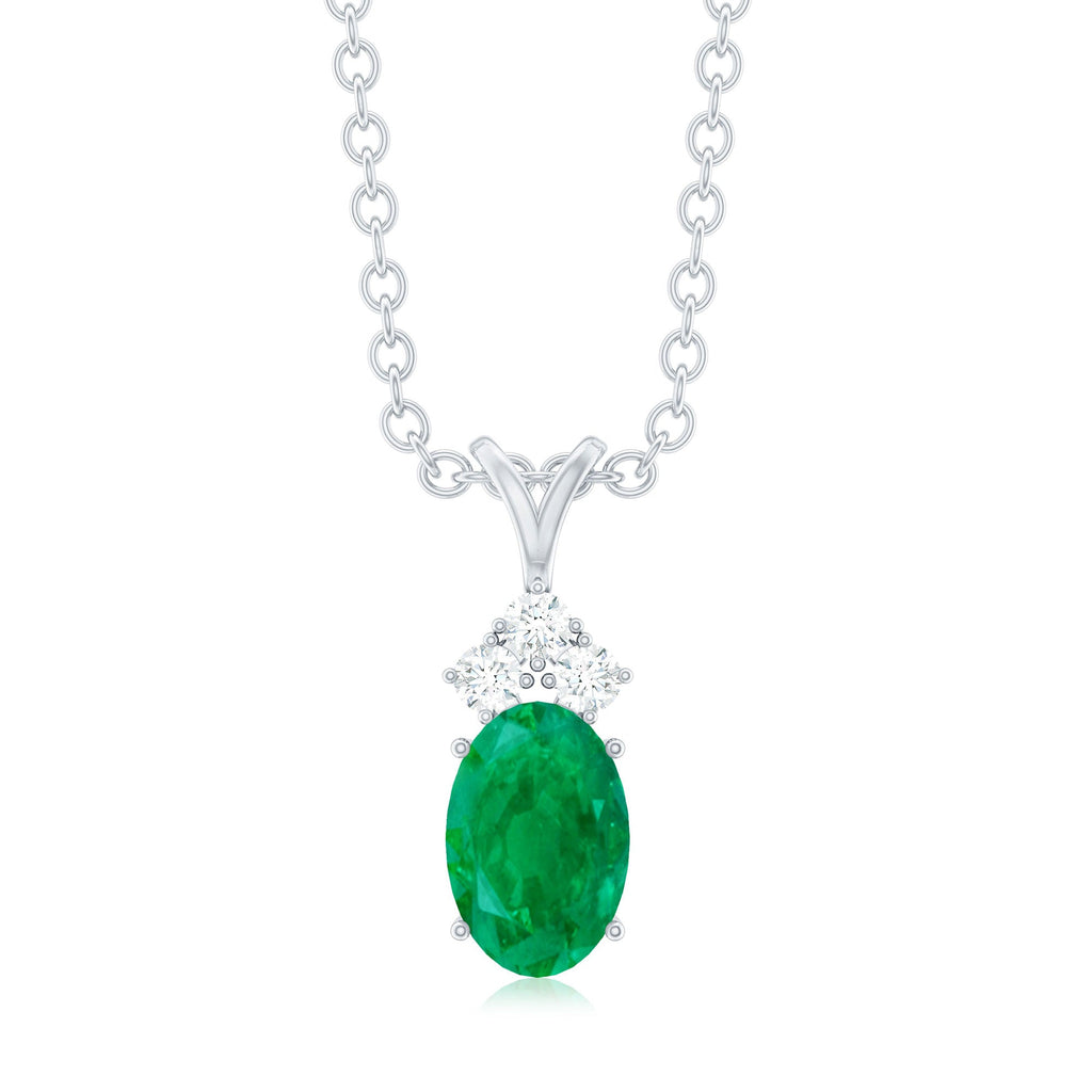 Natural Oval Emerald Pendant Necklace with Diamond Trio