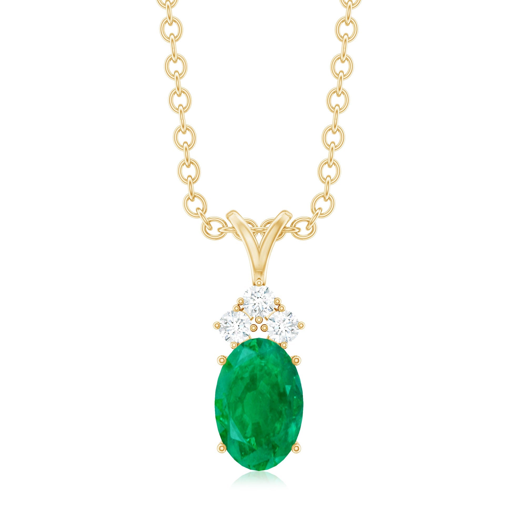 Natural Oval Emerald Pendant Necklace with Diamond Trio