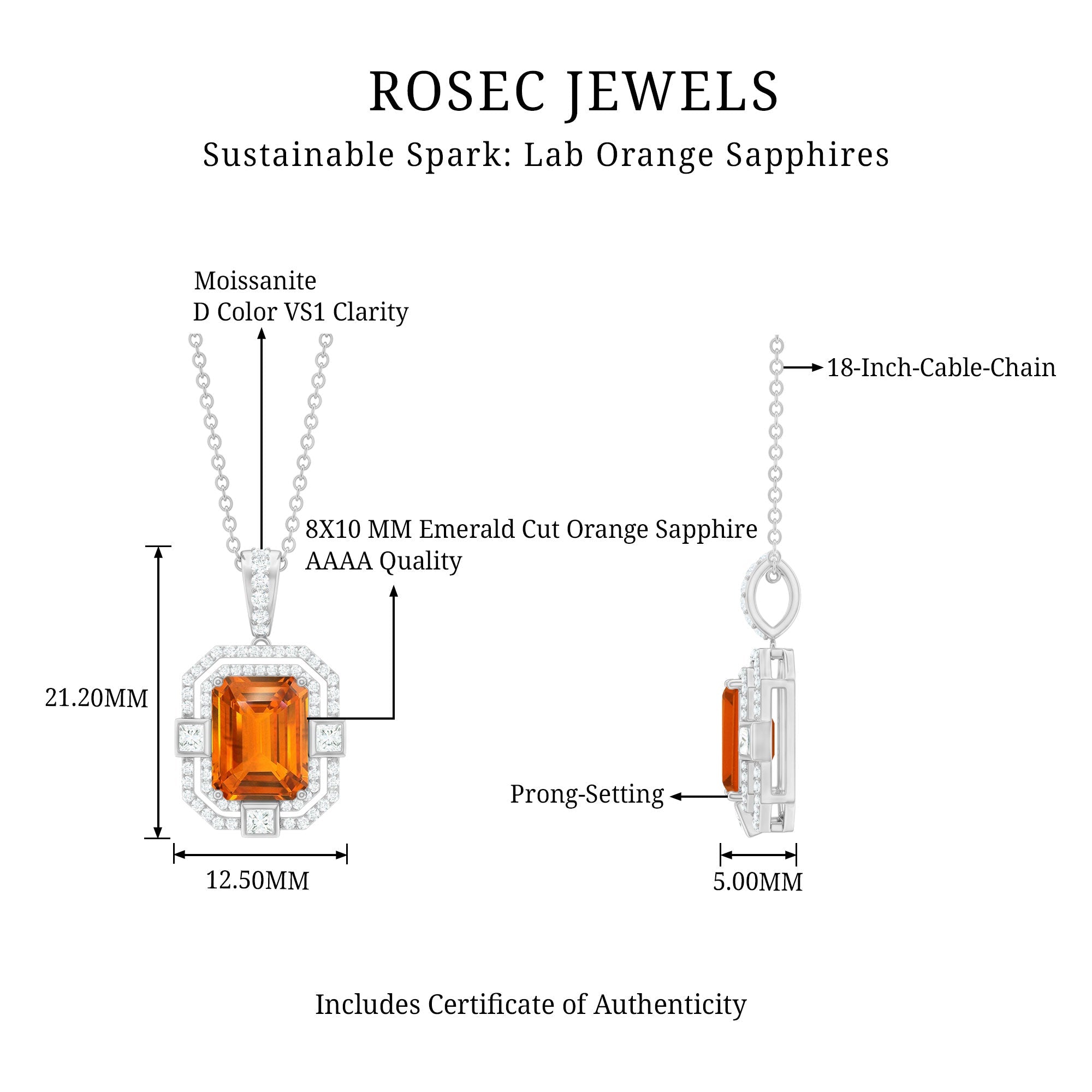 Vintage Inspired 2.7 Carat Emerald Cut Created Orange Sapphire Wedding Necklace