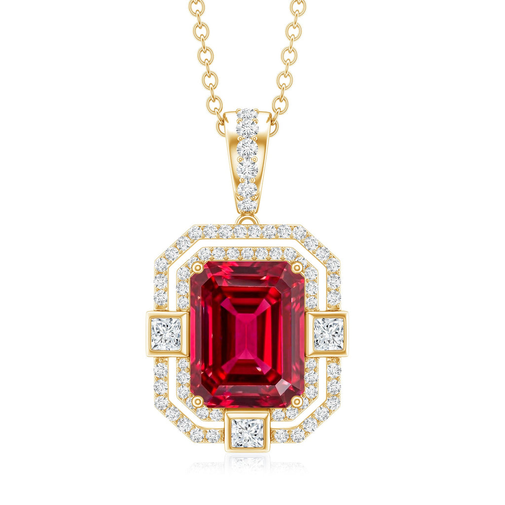 Vintage Inspired Lab Created Ruby Emerald Cut Necklace with Certificate