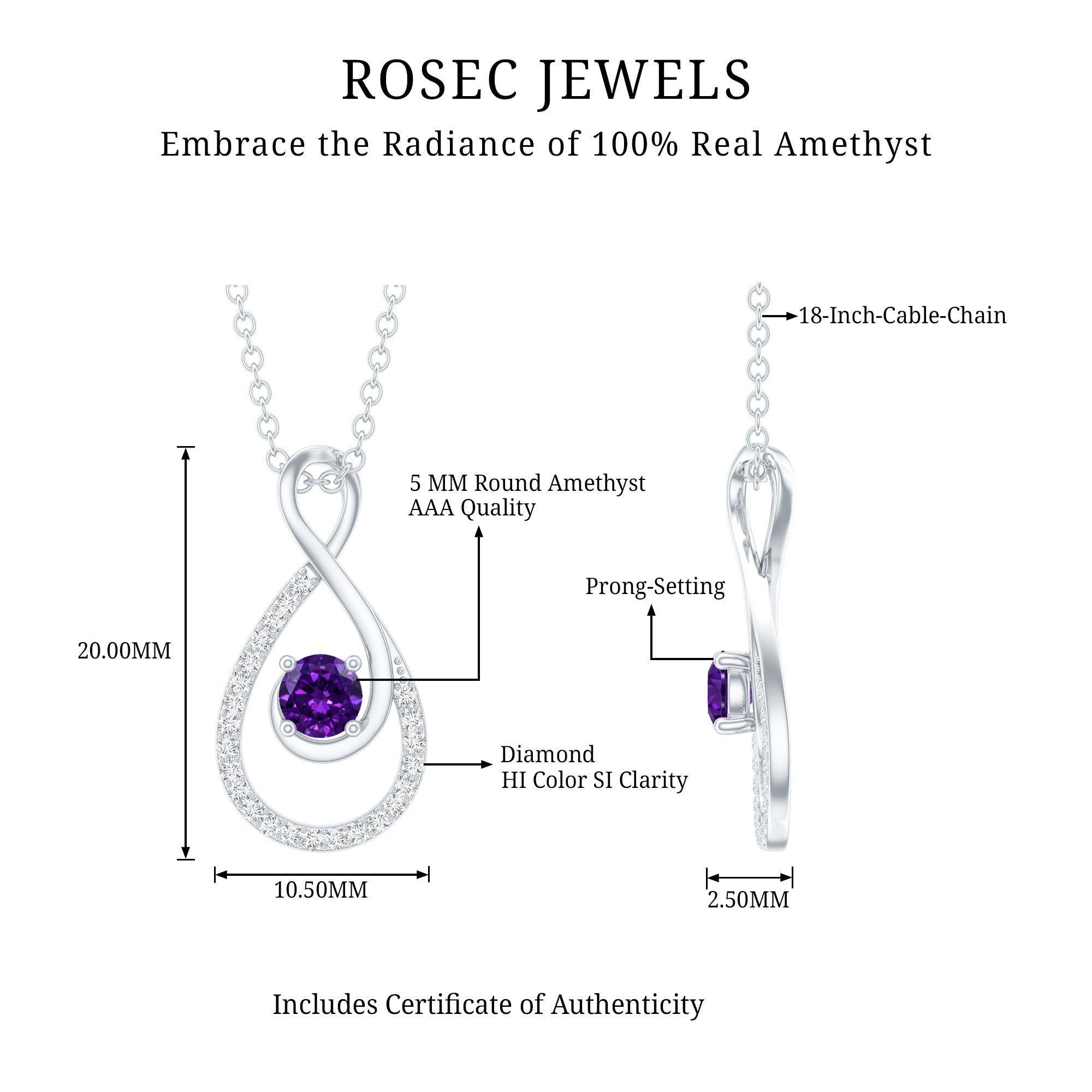 Natural Amethyst Infinity Pendant Necklace with Diamond