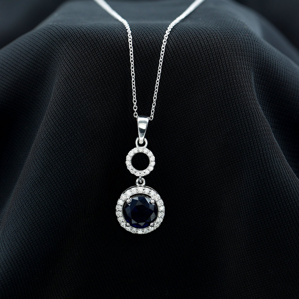 Lab Grown Blue Sapphire Halo Pendant with Moissanite