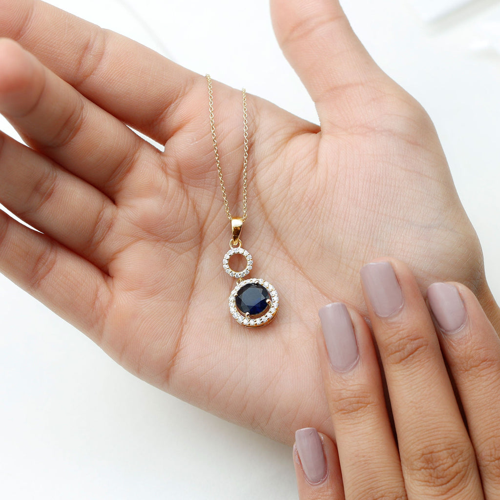 Lab Grown Blue Sapphire Halo Pendant with Moissanite