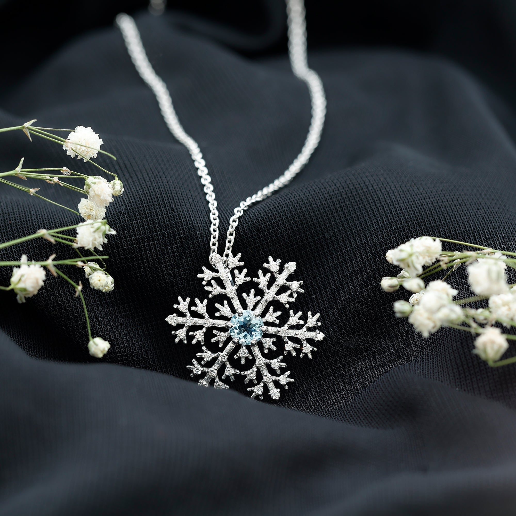 Snowflake Pendant Necklace with Aquamarine and Diamond