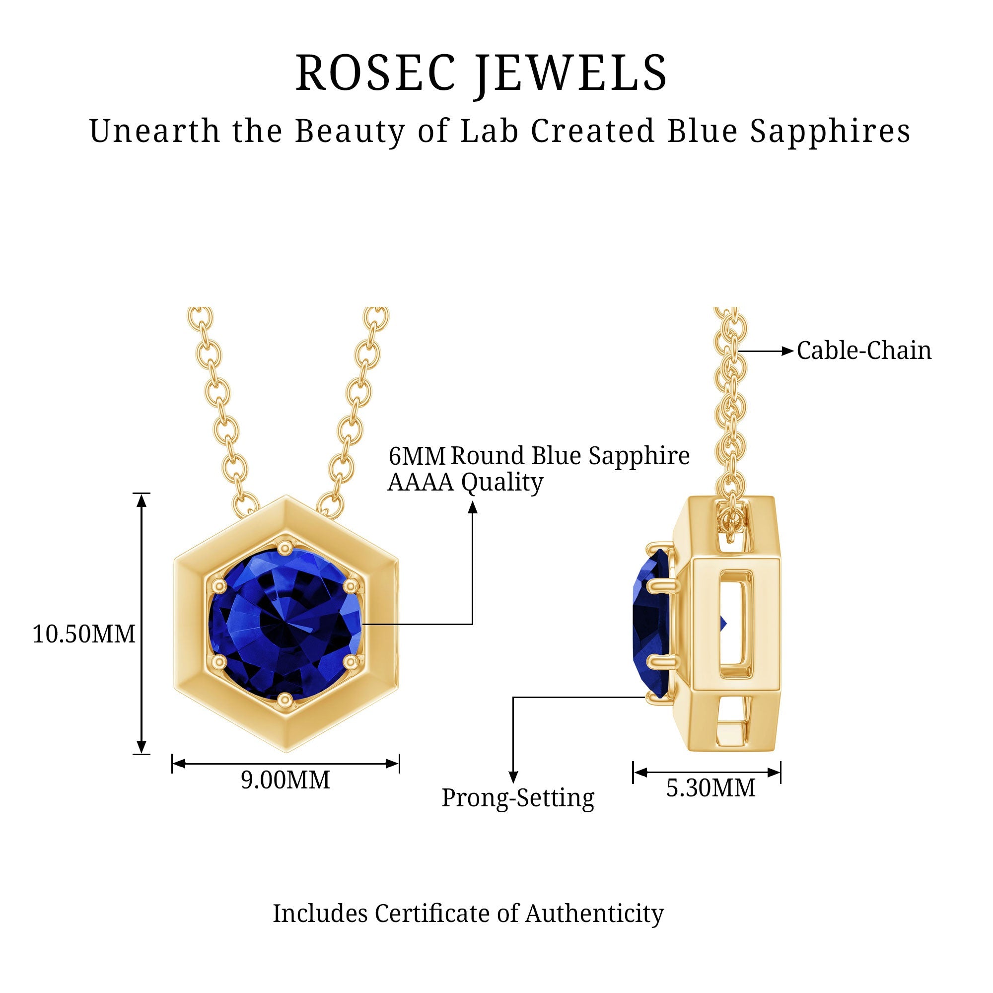 1 Carat Lab Grown Blue Sapphire Hexagon Necklace for Women