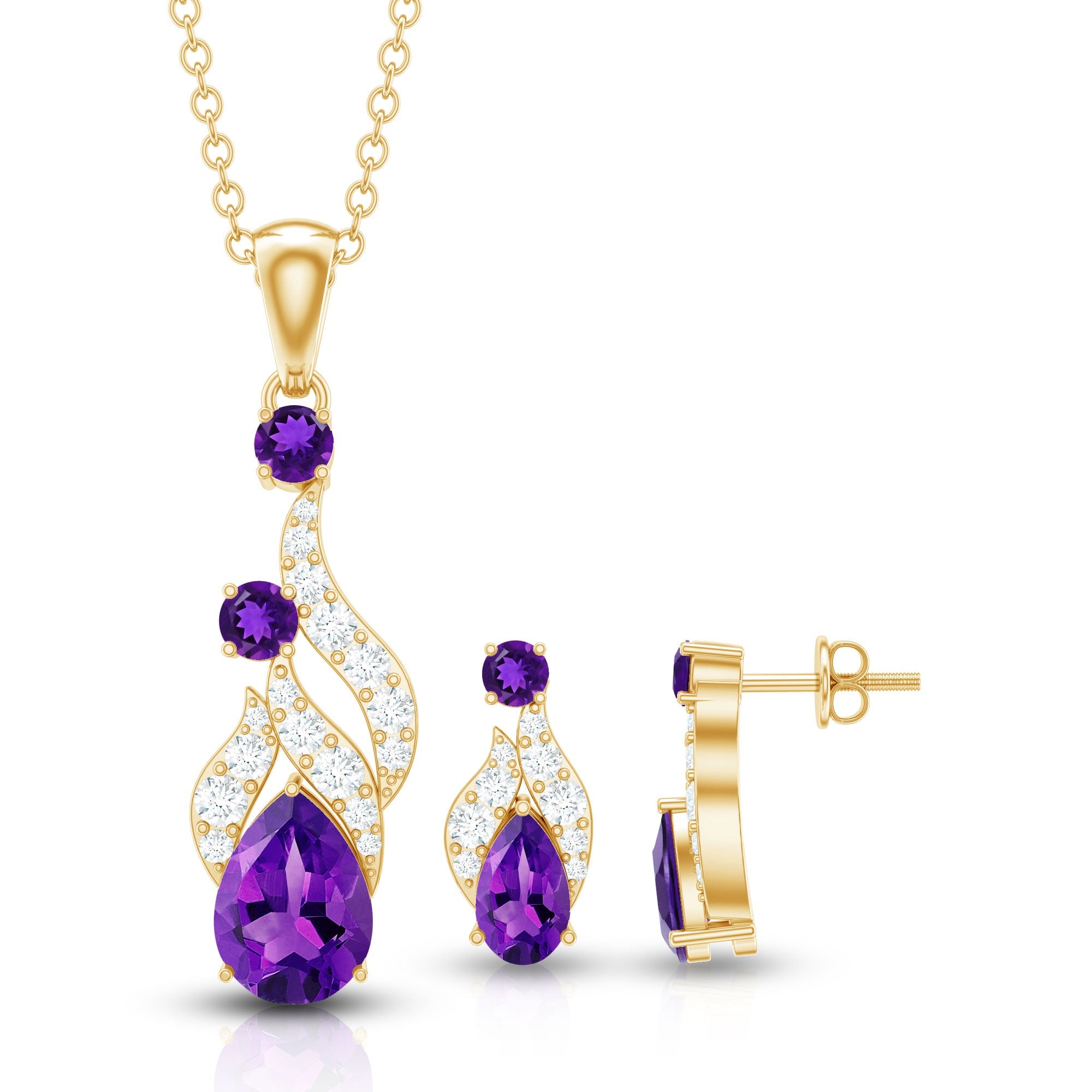 Real Amethyst and Diamond Bridal Dangle Necklace Earrings Set
