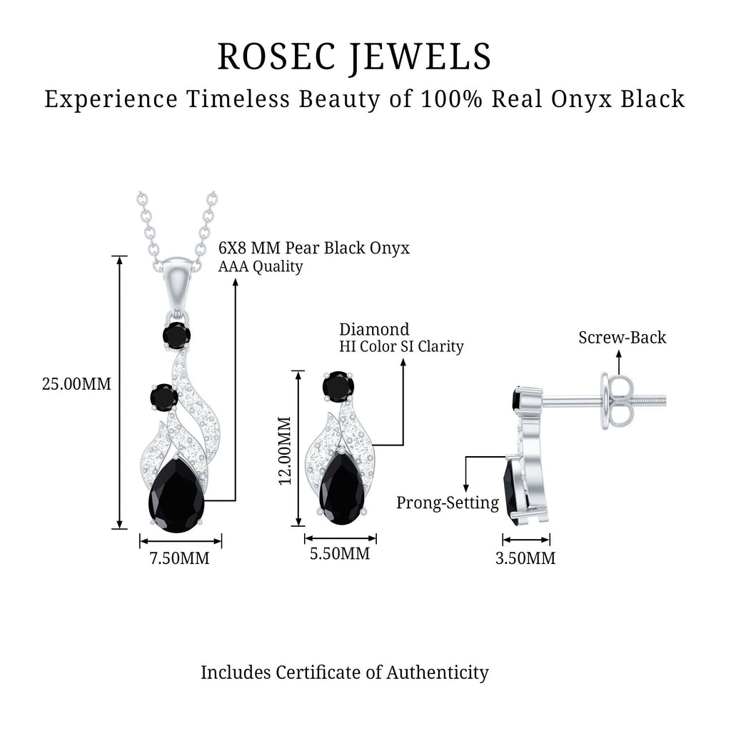 Natural Black Onyx Drop Pendant and Earrings Set with Diamond