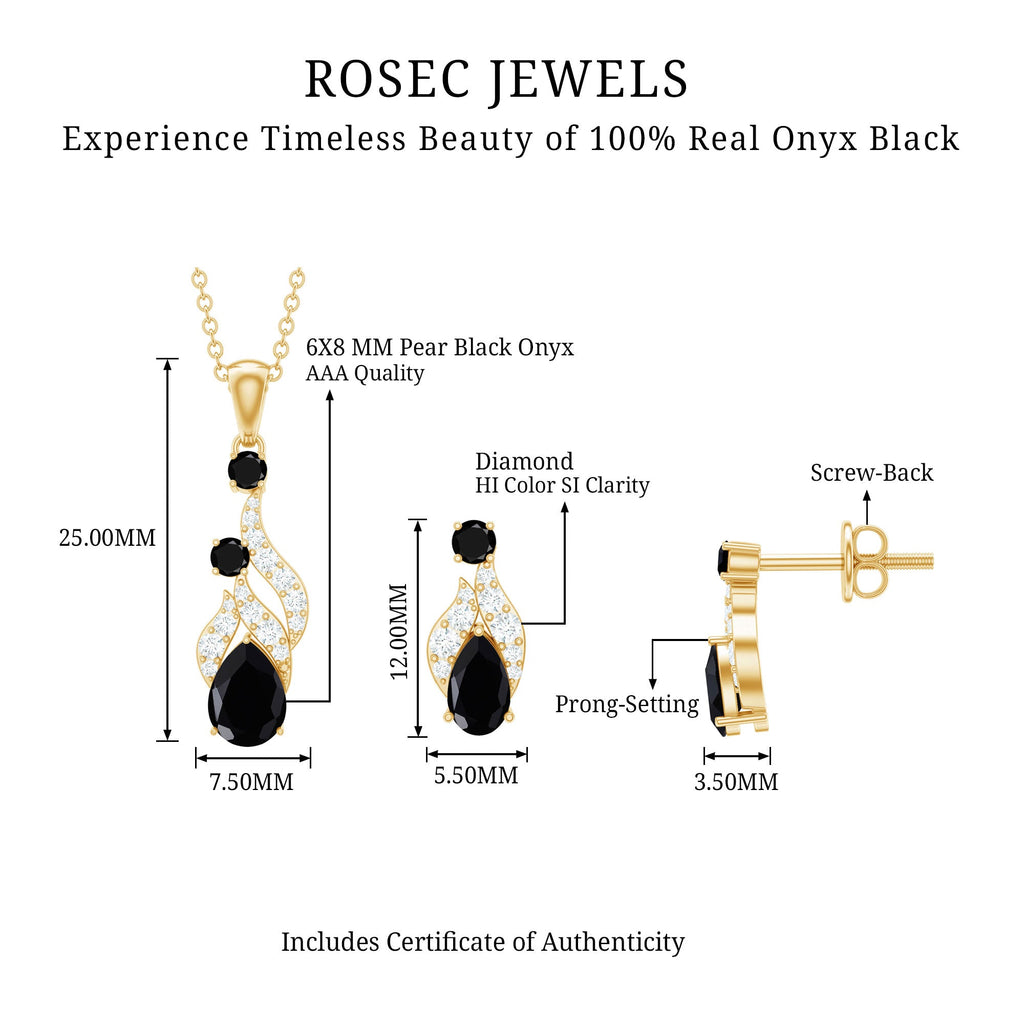 Natural Black Onyx Drop Pendant and Earrings Set with Diamond