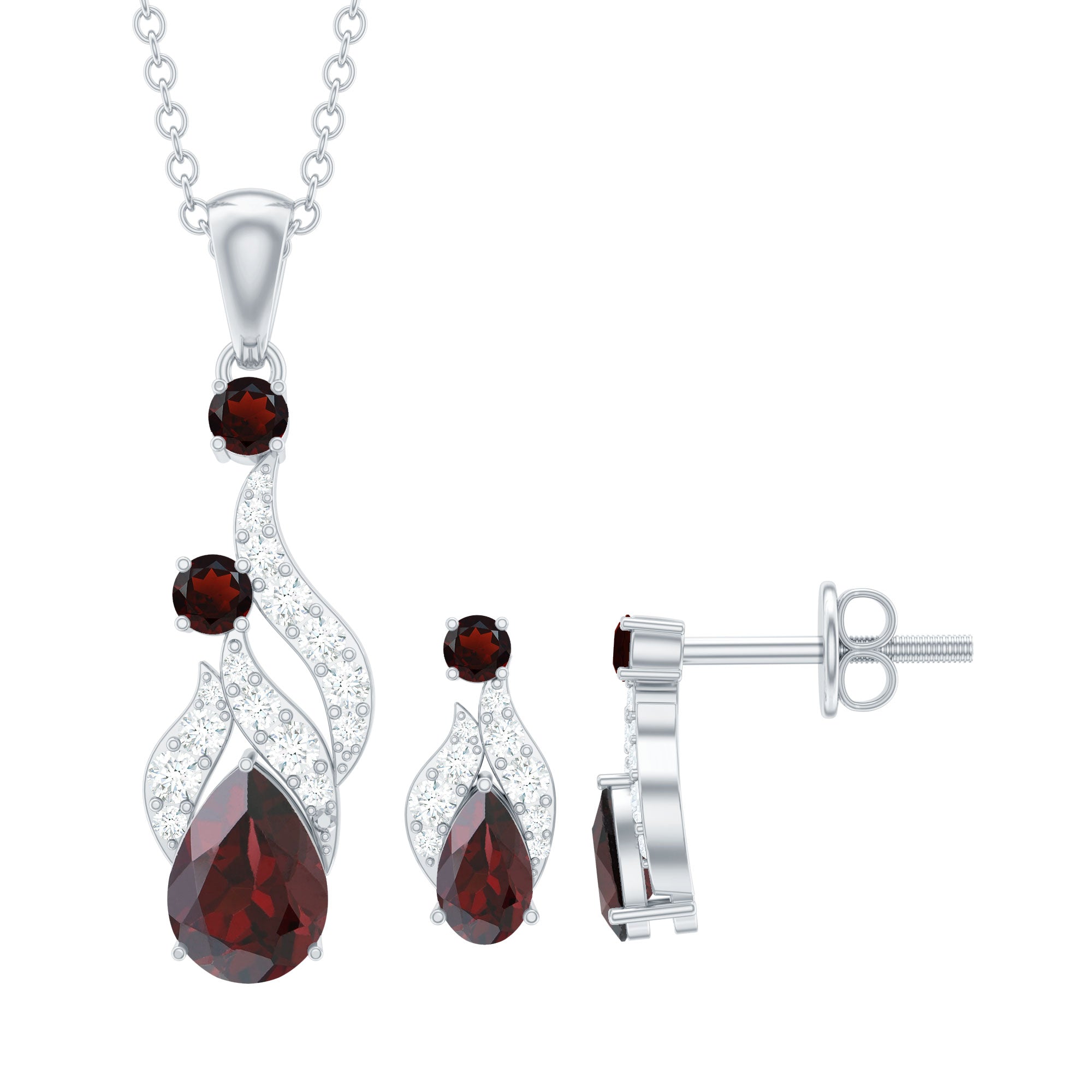 Garnet and Diamond Bridal Dangle Pendant and Earrings Set