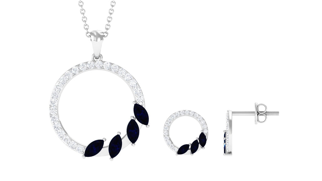 Real Blue Sapphire Diamond Circle Necklace and Earrings Set
