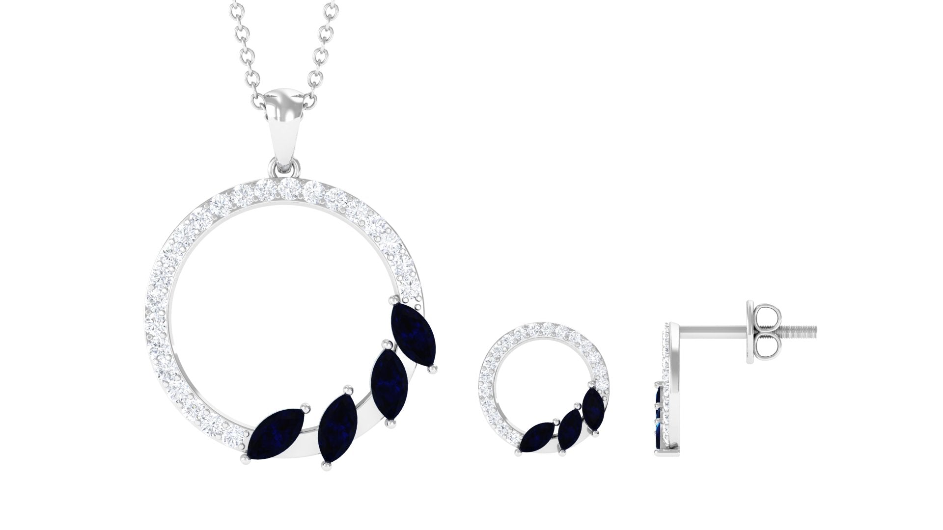 Real Blue Sapphire Diamond Circle Necklace and Earrings Set