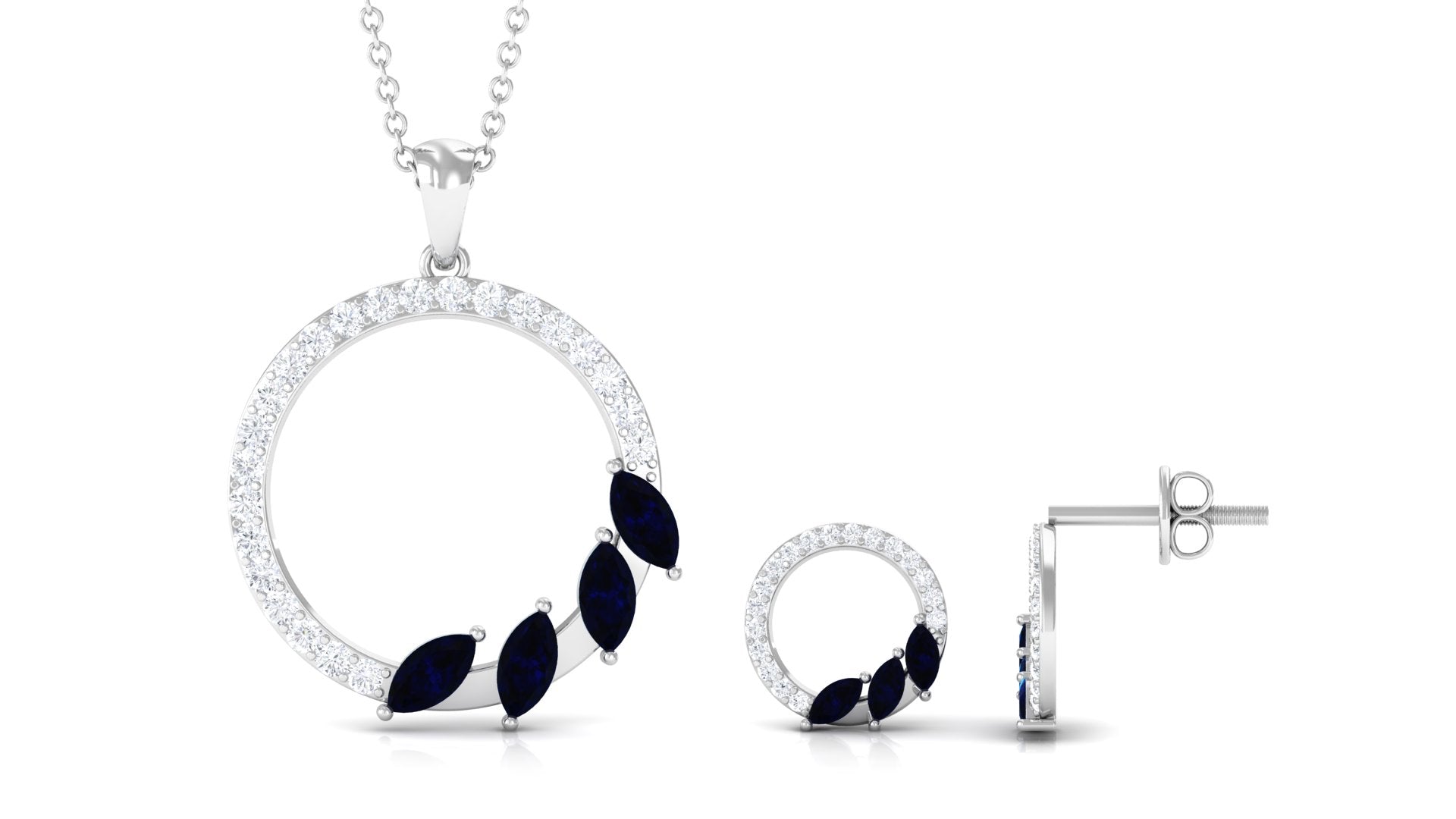 Real Blue Sapphire Diamond Circle Necklace and Earrings Set